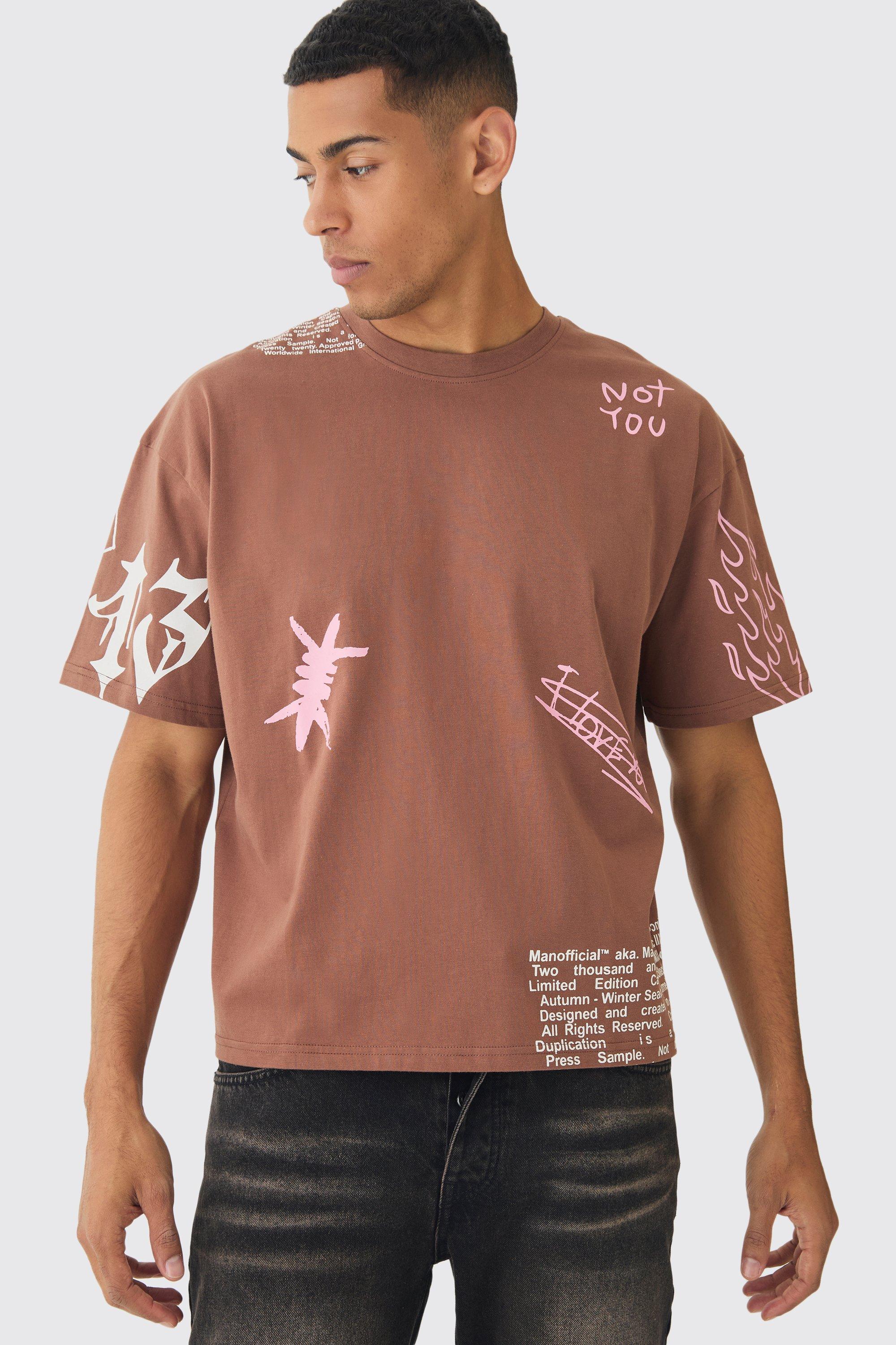 T-shirt squadrata oversize AOP con ghirigori, Brown