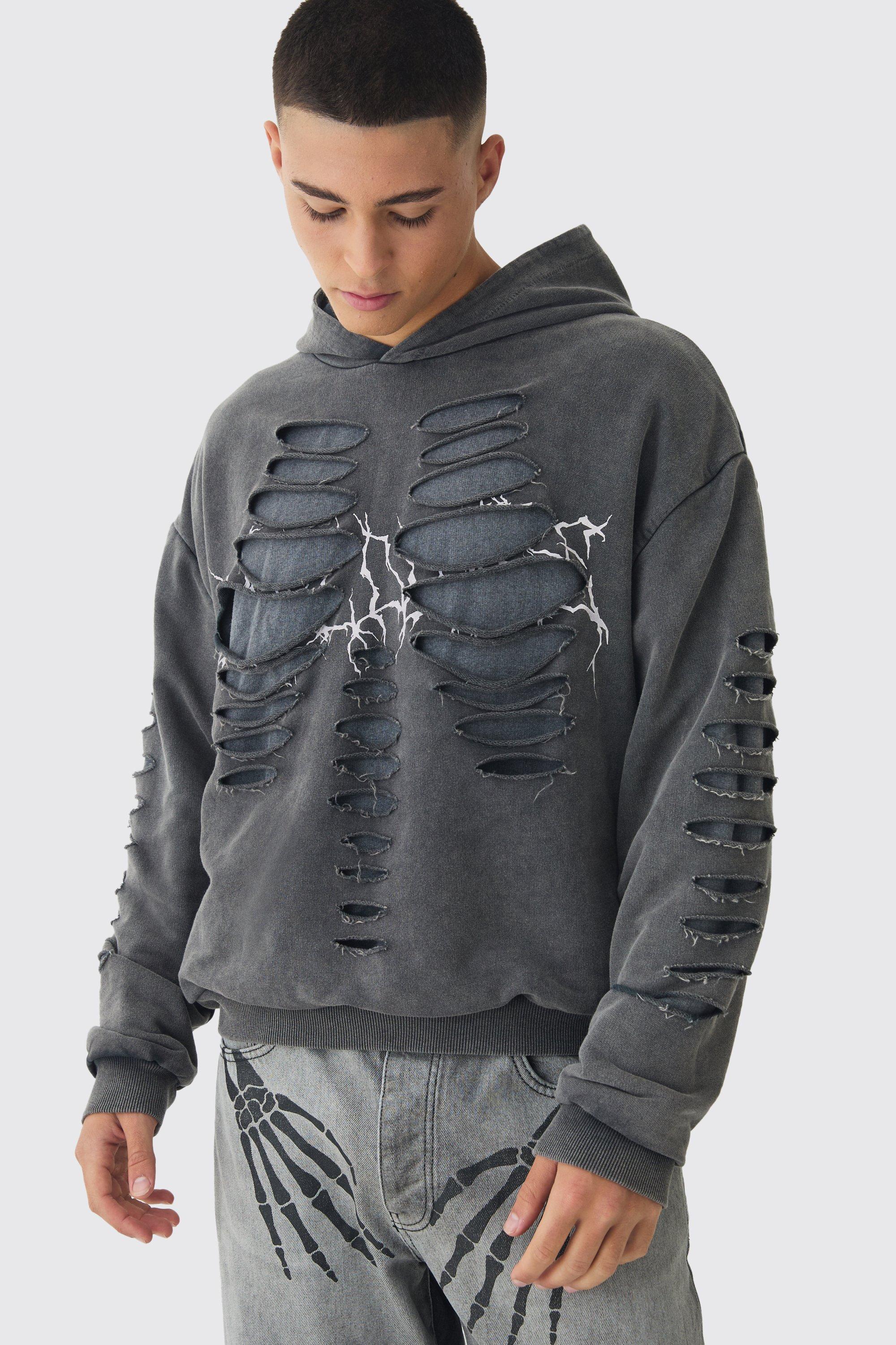 Mens Black Oversized Boxy Cut Out Skeleton Printed Hoodie, Black