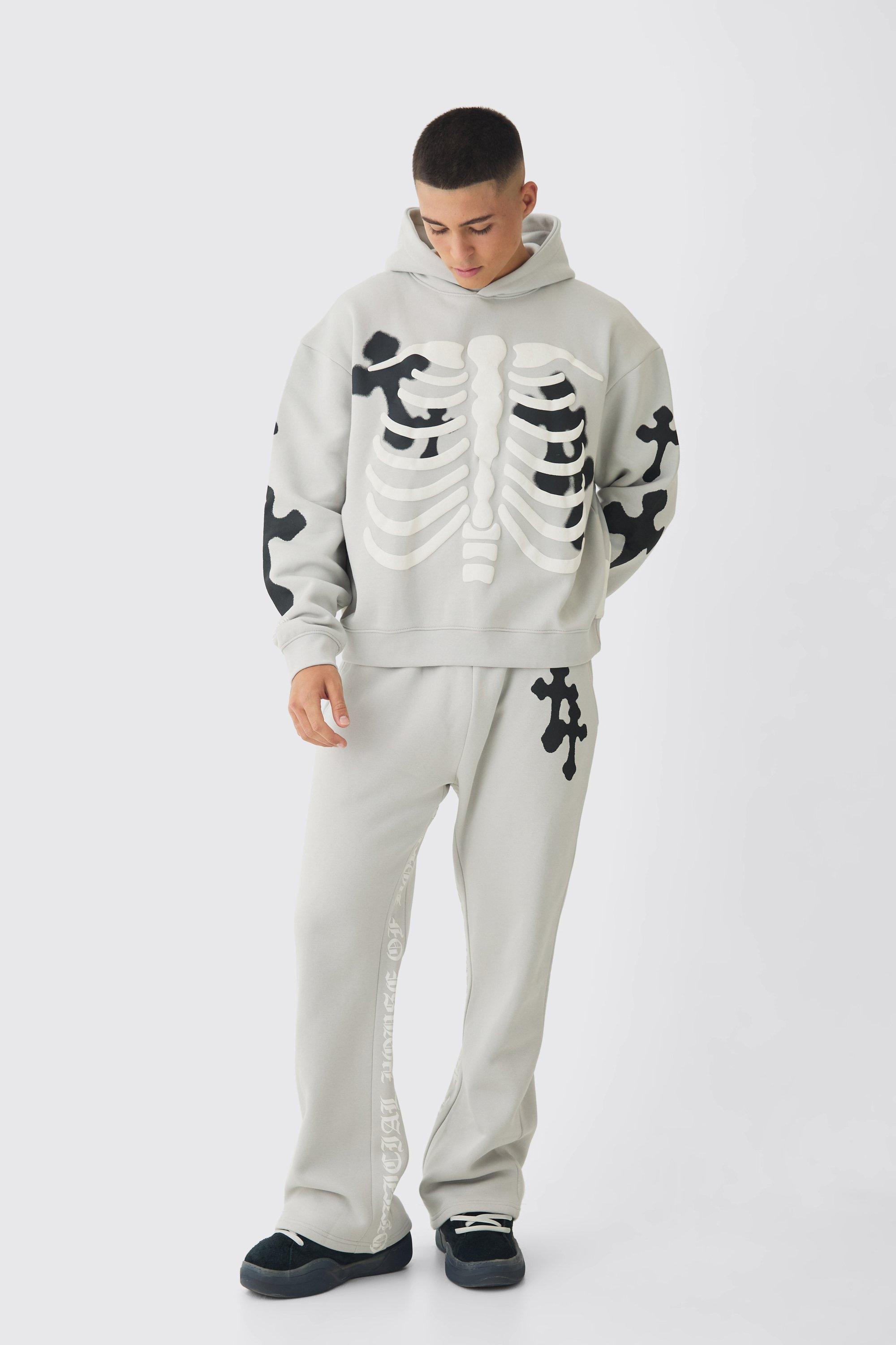 Mens Grey Oversized Boxy Skeleton Puff Print Cross Tracksuit, Grey