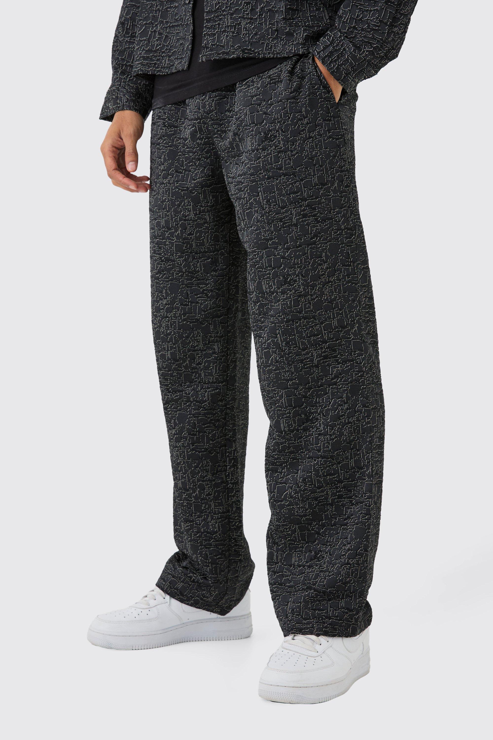 Mens Black Relaxed Fit Jacquard Abstract Pattern Trouser, Black