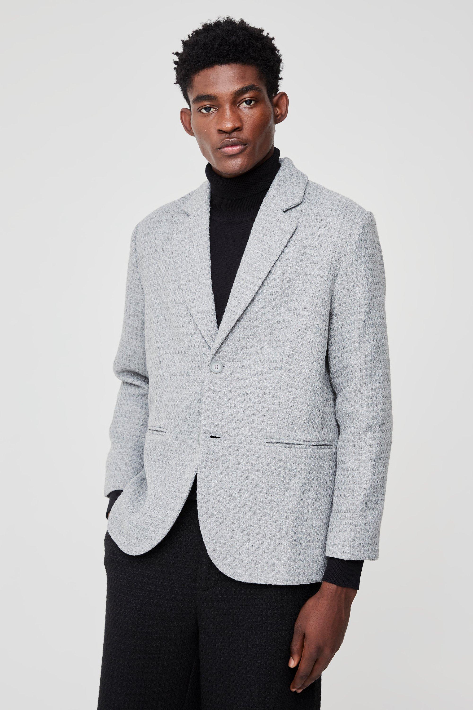 Boohoo Bouclé Blazer Met Rechte Pijpen En Enkele Rij Knopen, Grey