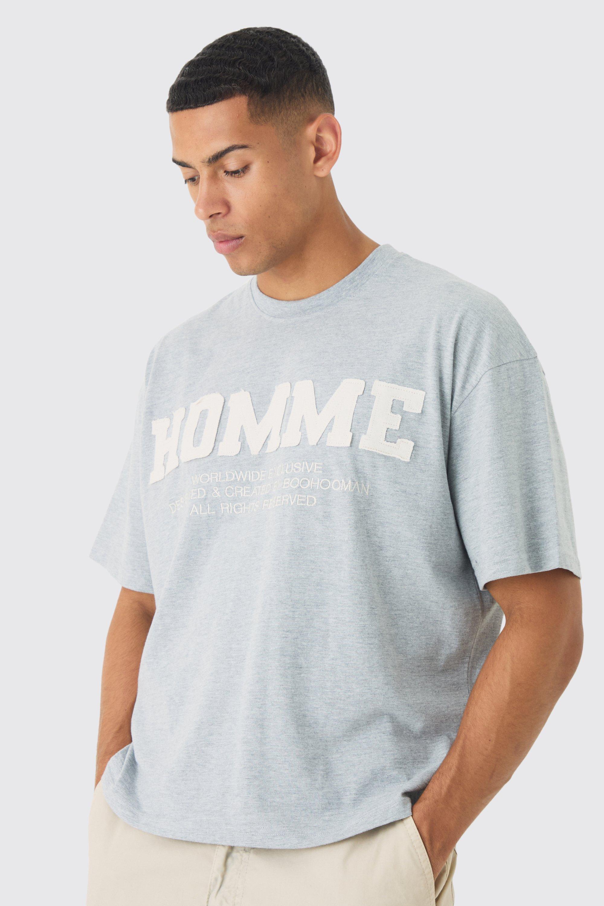 T-shirt squadrata oversize Homme con applique e fondo grezzo, Grigio