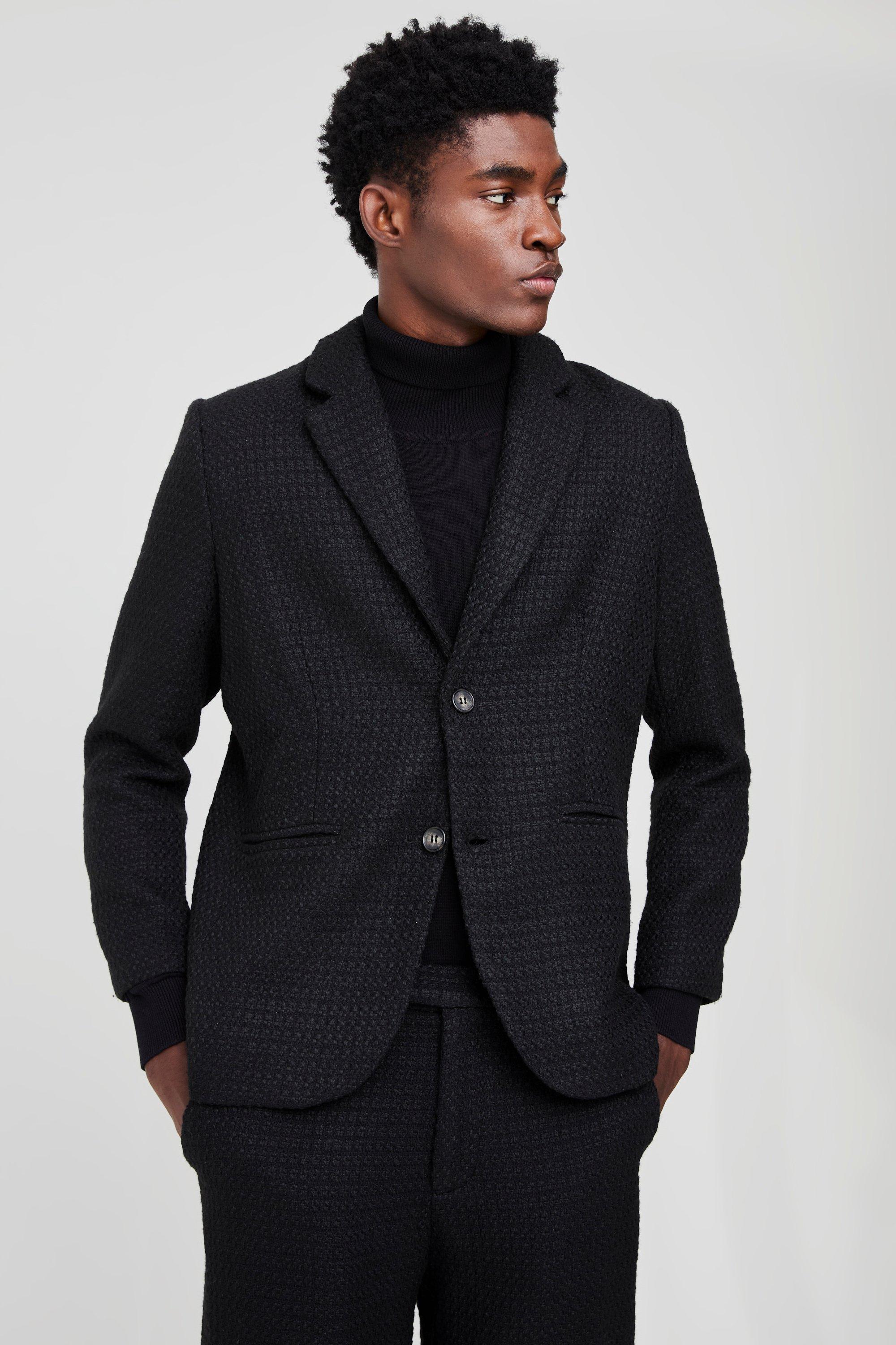 Mens Black Straight Fit Boucle Single Breasted Blazer, Black