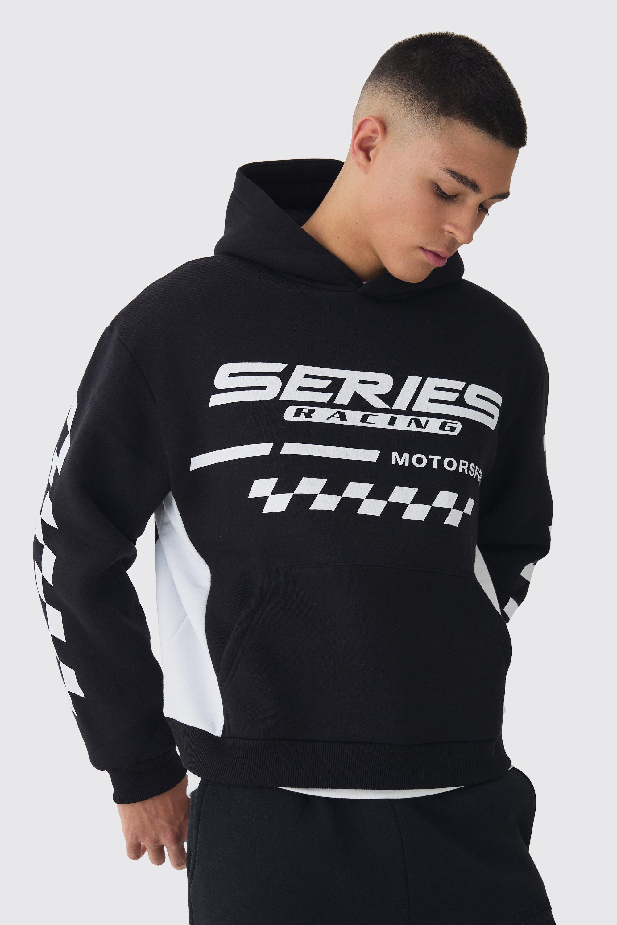 Mens Black Oversized Boxy Moto Series Hoodie, Black