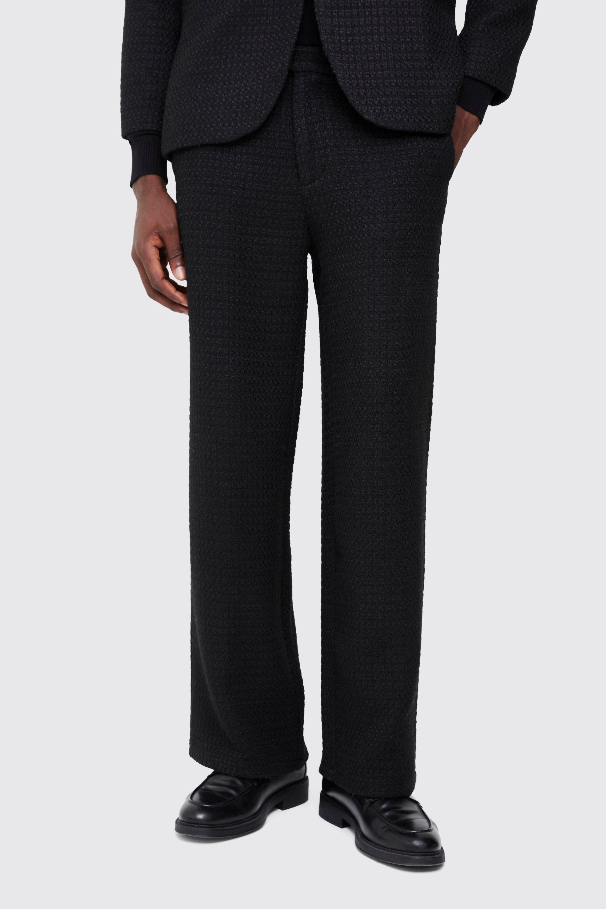 Mens Black Wide Leg Boucle Smart Trouser, Black