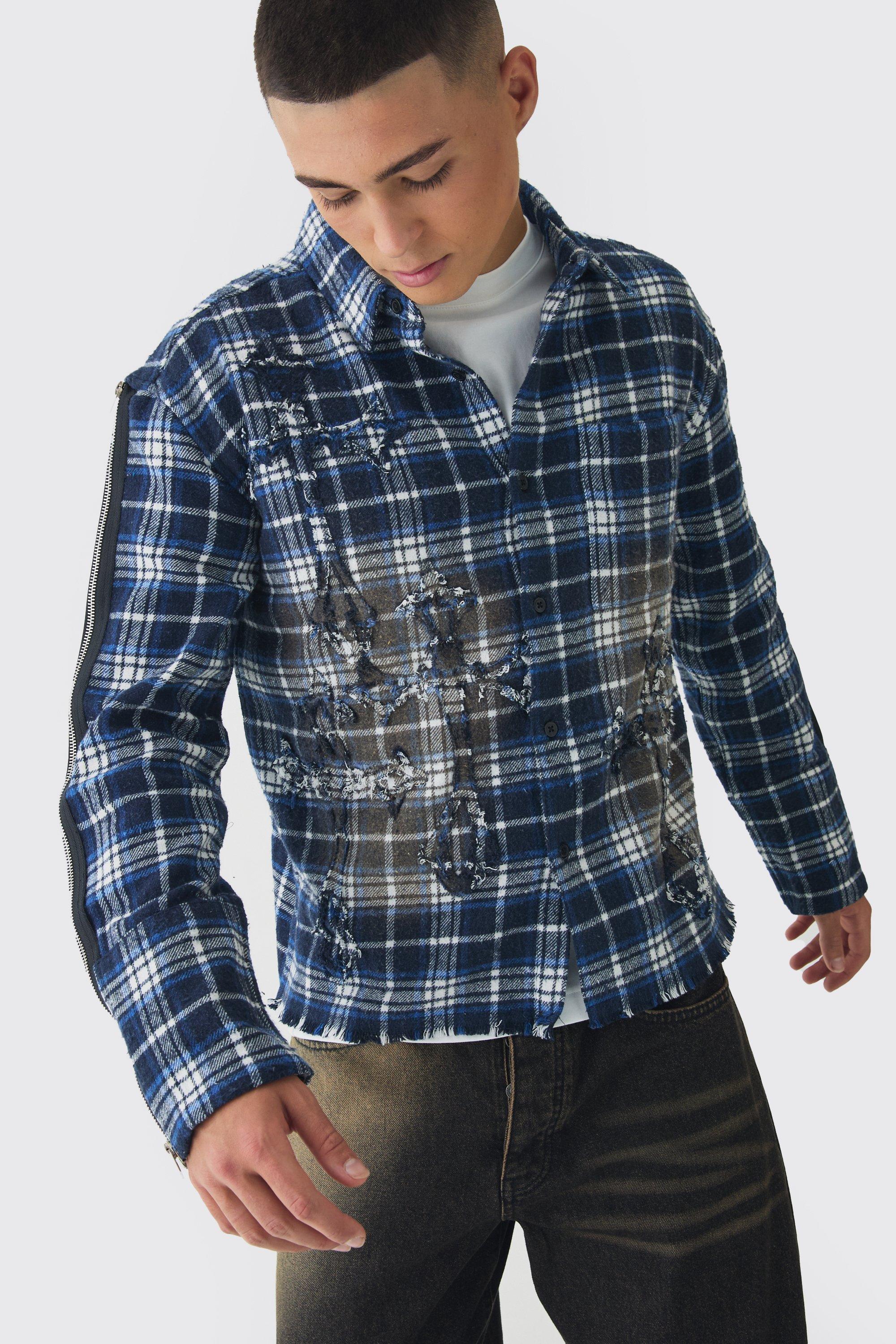 Camicia squadrata oversize a quadri con applique a croce, Azzurro