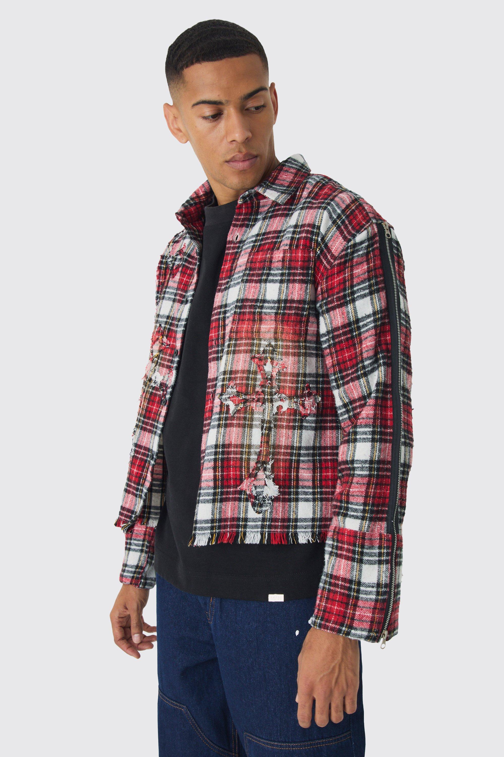 Mens Red Oversized Boxy Cross Applique Check Shirt, Red
