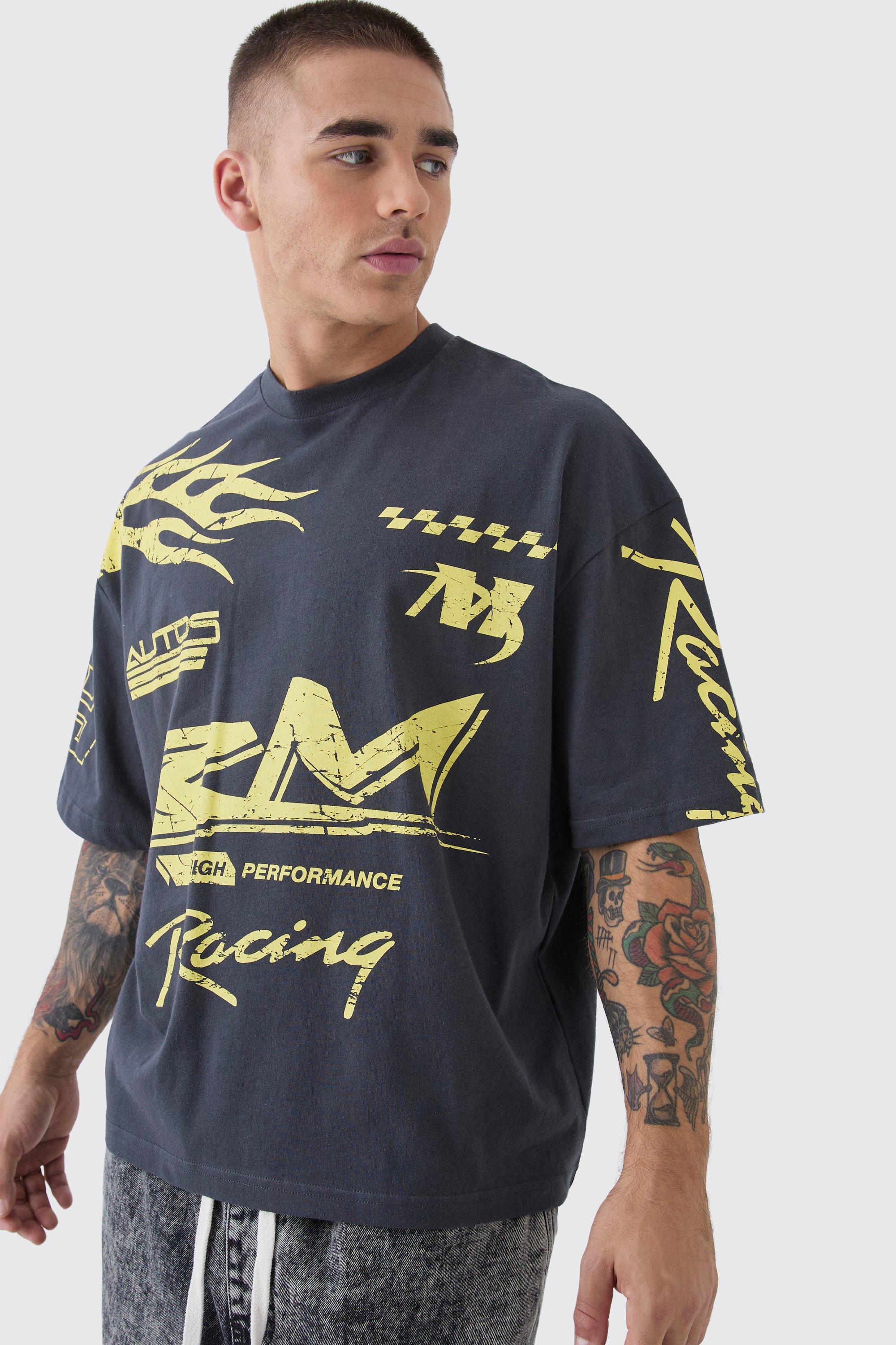 T-shirt squadrata oversize Moto Racing con fiamme, Grigio