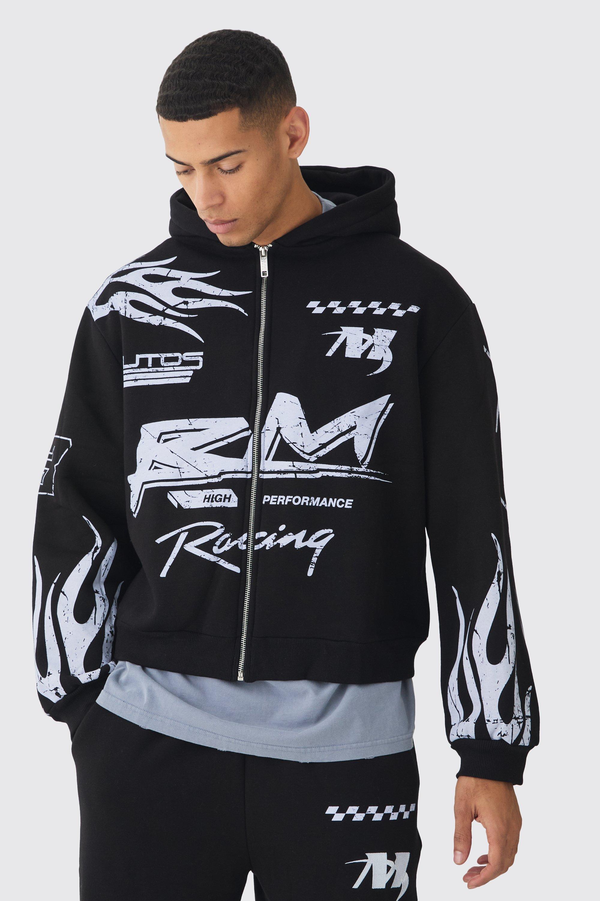 Felpa squadrata oversize Moto Racing con fiamme, zip e cappuccio, Nero