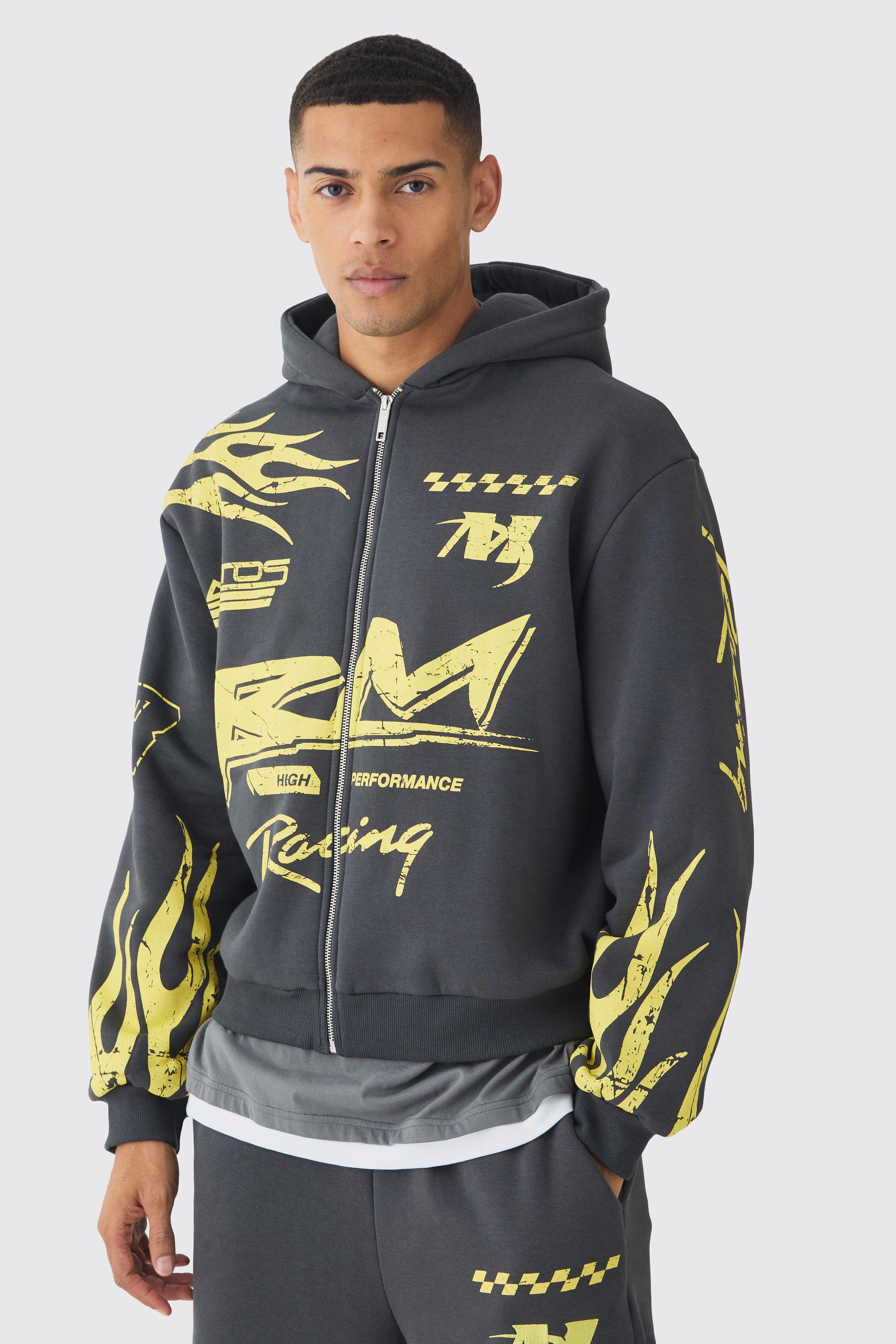 Mens Grey Oversized Boxy Moto Racing Flame Zip Through Hoodie, Grey