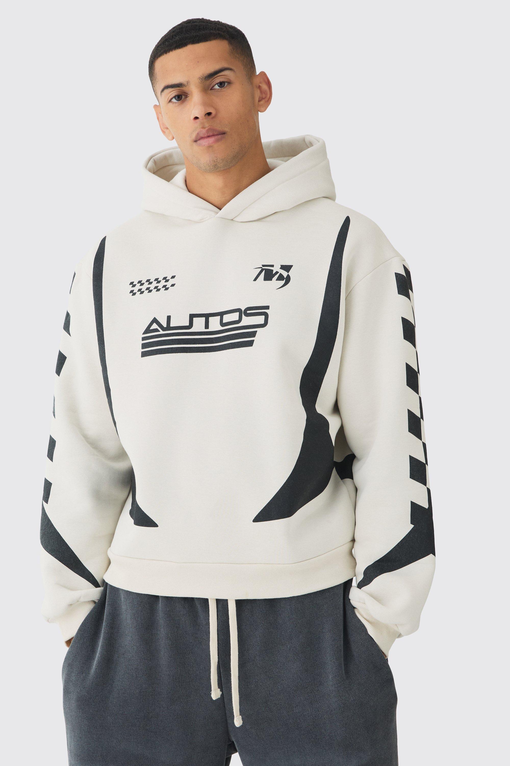 Mens White Oversized Boxy Moto Racing Hoodie, White