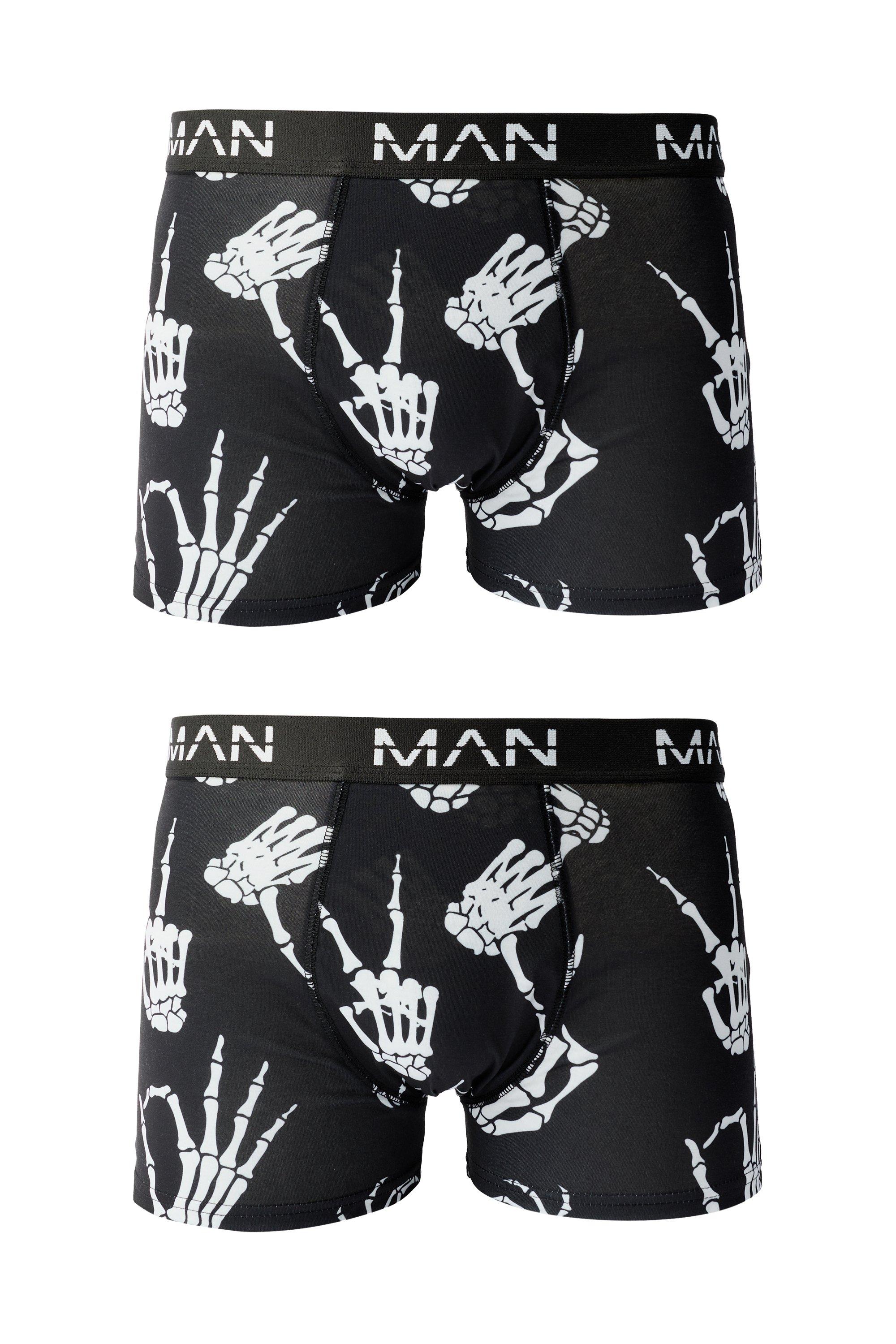 Mens Black Man Skeleton Hand Printed Boxers, Black