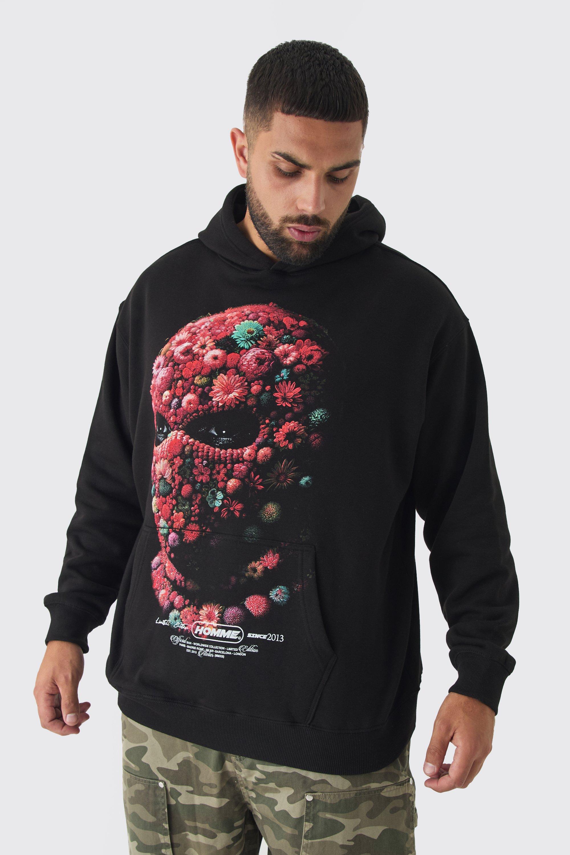 Mens Black Plus Oversized Floral Balaclava Print Hoodie, Black