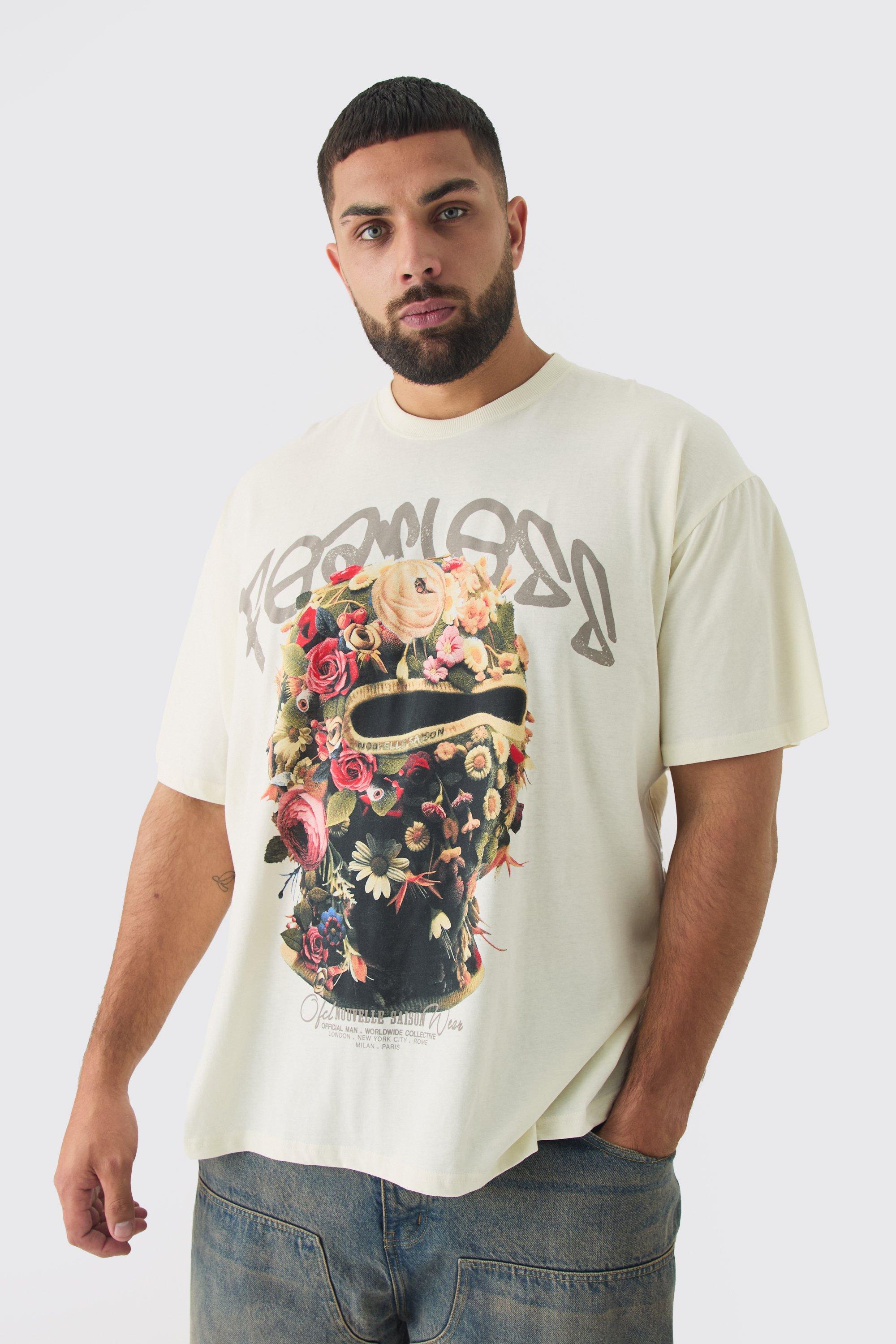 Mens Beige Plus Oversized Fearless Floral Balaclava T-shirt, Beige