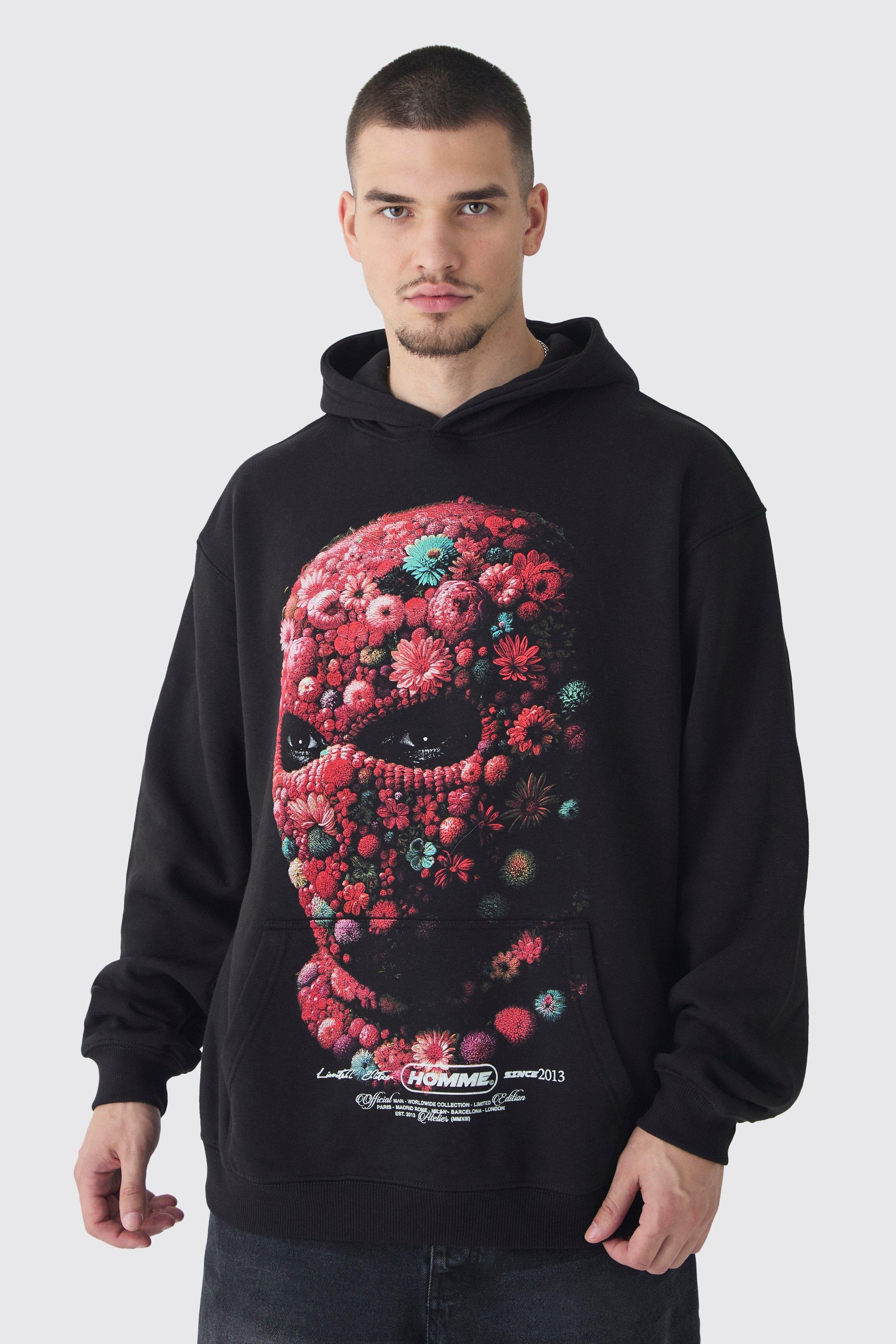 Mens Black Tall Oversized Floral Balaclava Print Hoodie, Black