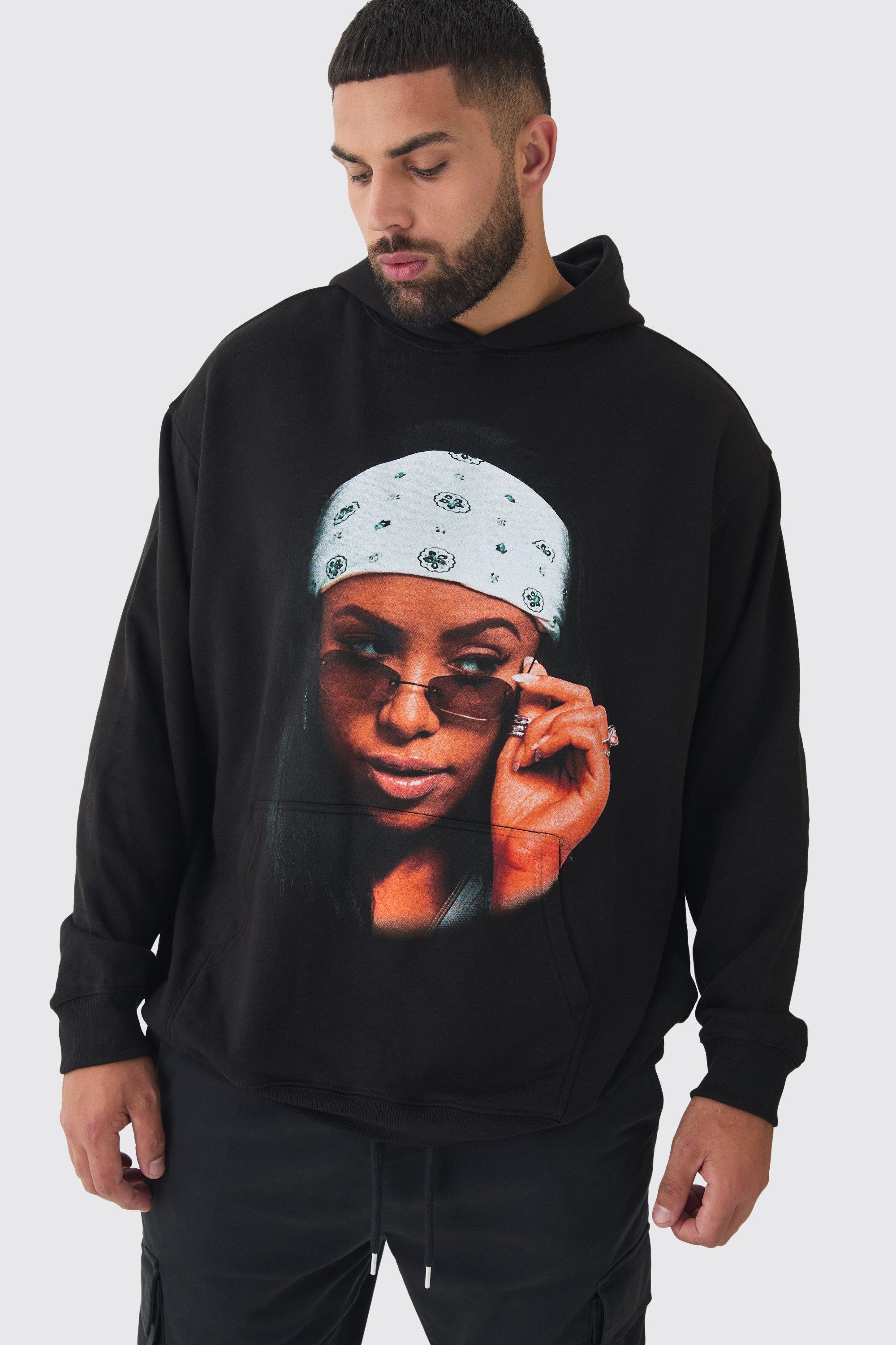 Mens Black Plus Oversized Aaliyah License Hoodie, Black