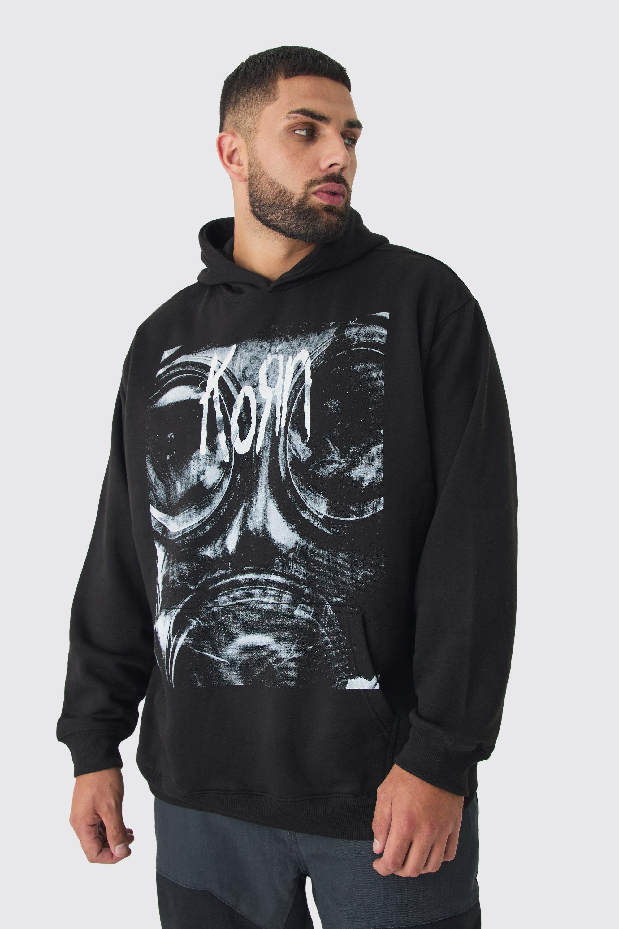 Mens Black Plus Oversized Korn License Hoodie, Black