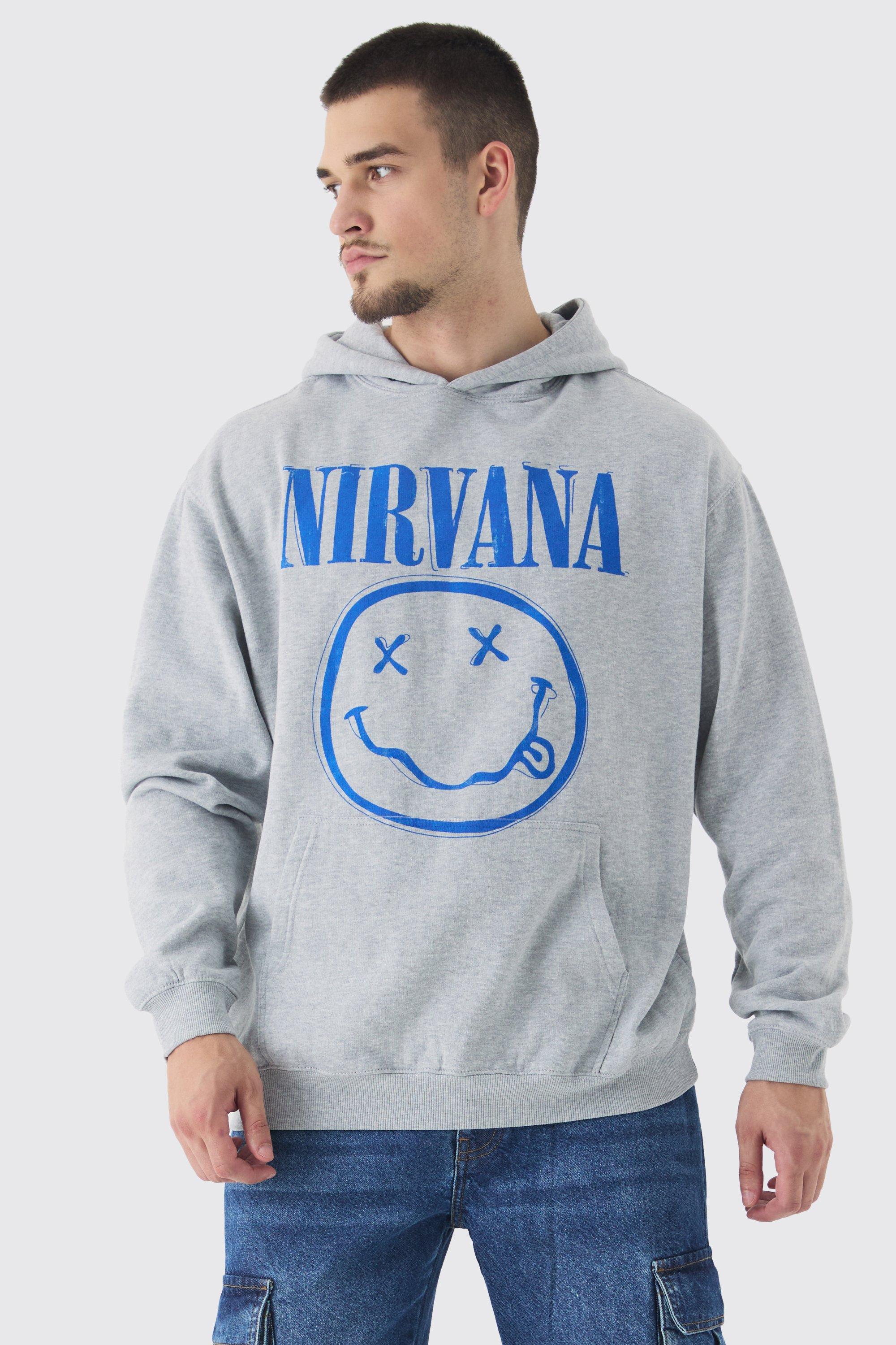 Mens Grey Tall Oversized Nirvana Face License Print Hoodie, Grey