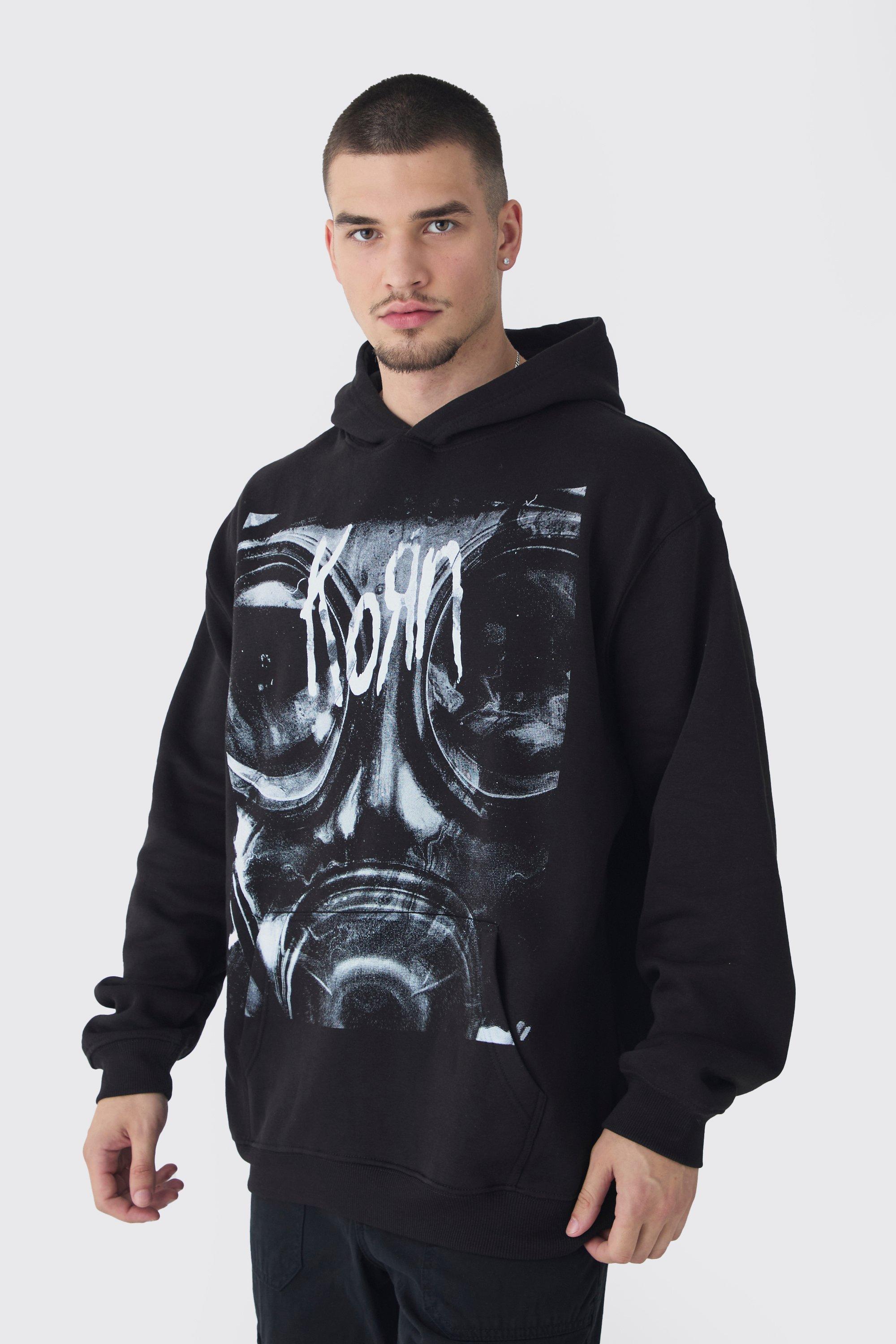 Mens Black Tall Oversized Korn License Hoodie, Black