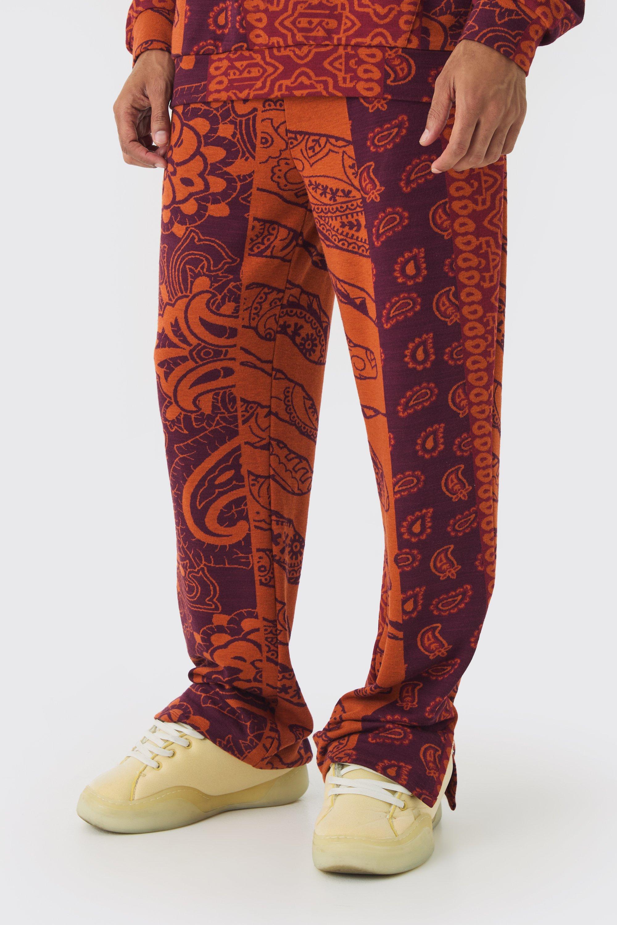 Pantaloni tuta rilassati in jacquard in fantasia cachemire con spacco sul fondo, Arancio