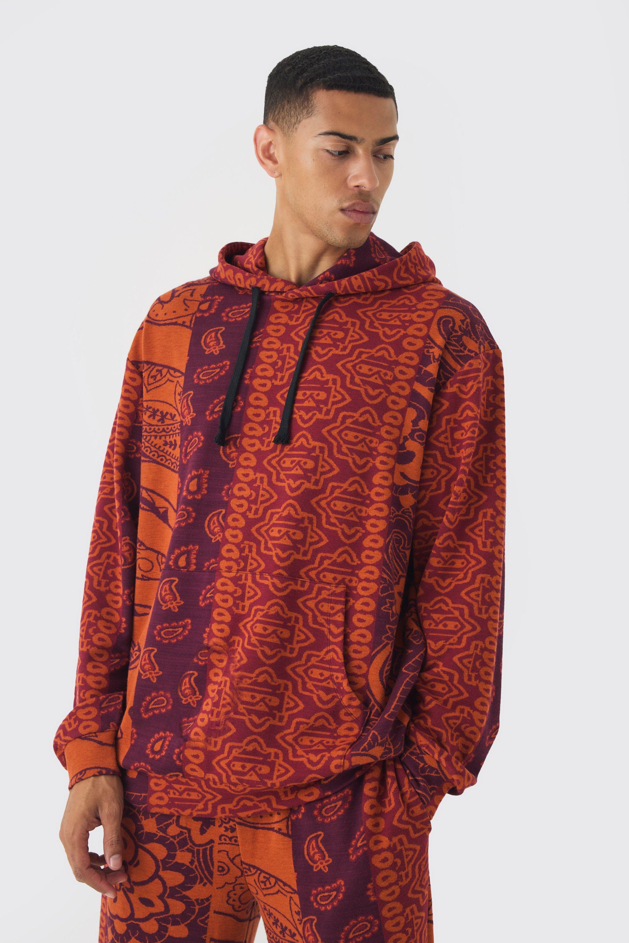 Felpa oversize in jacquard in fantasia cachemire con cappuccio, Arancio