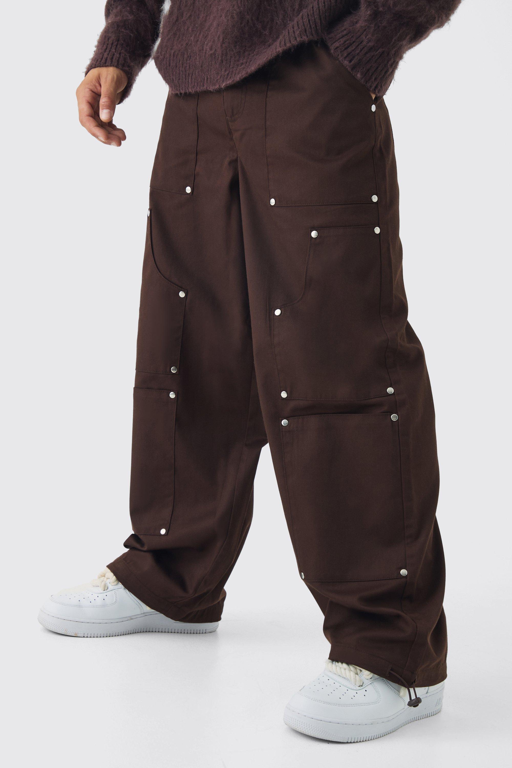 Twill Elasticated Waist Baggy Carpenter Trousers, Brown