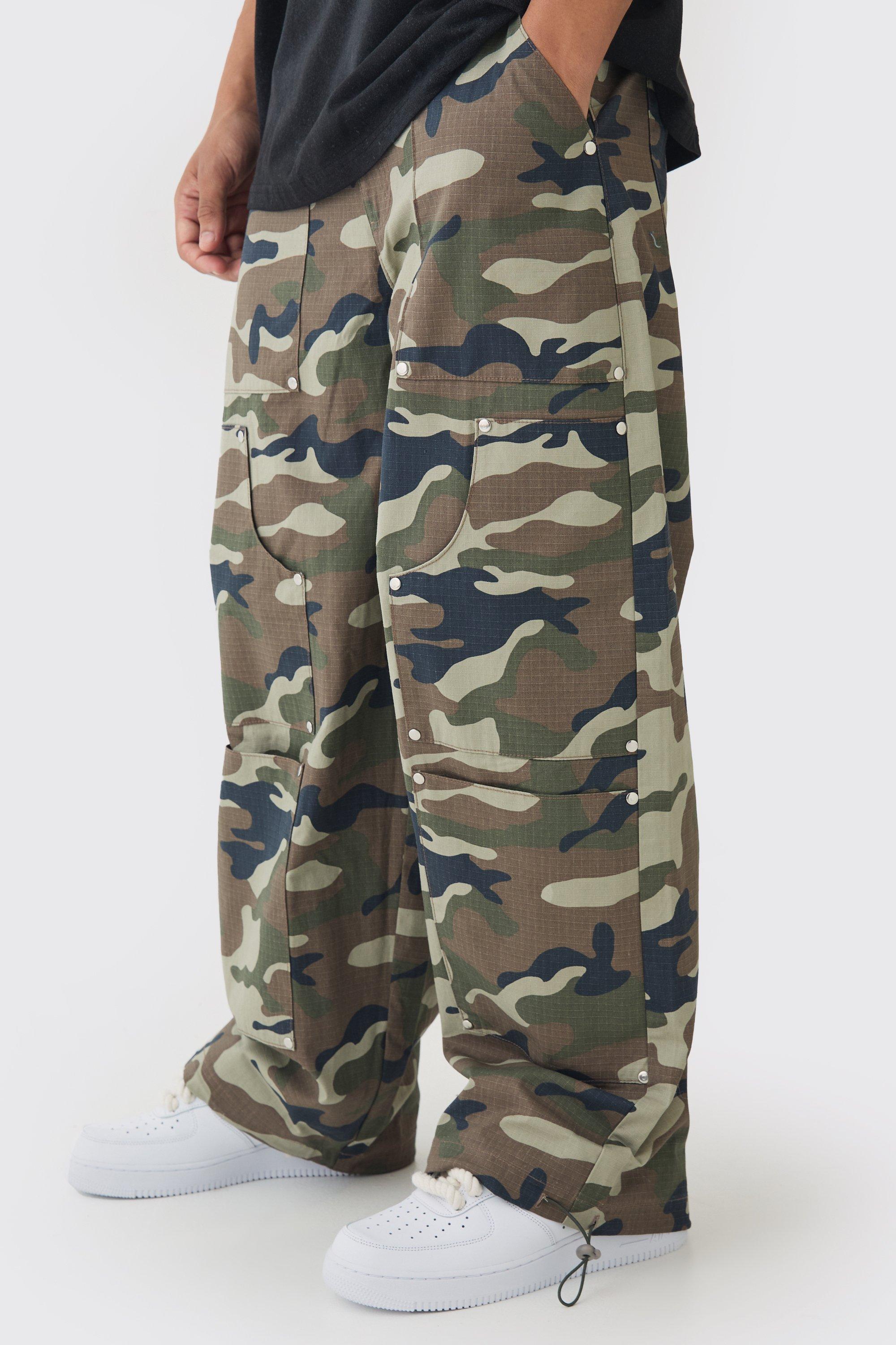 Mens Green Ripstop Elasticated Waist Baggy Camo Carpenter Trousers, Green