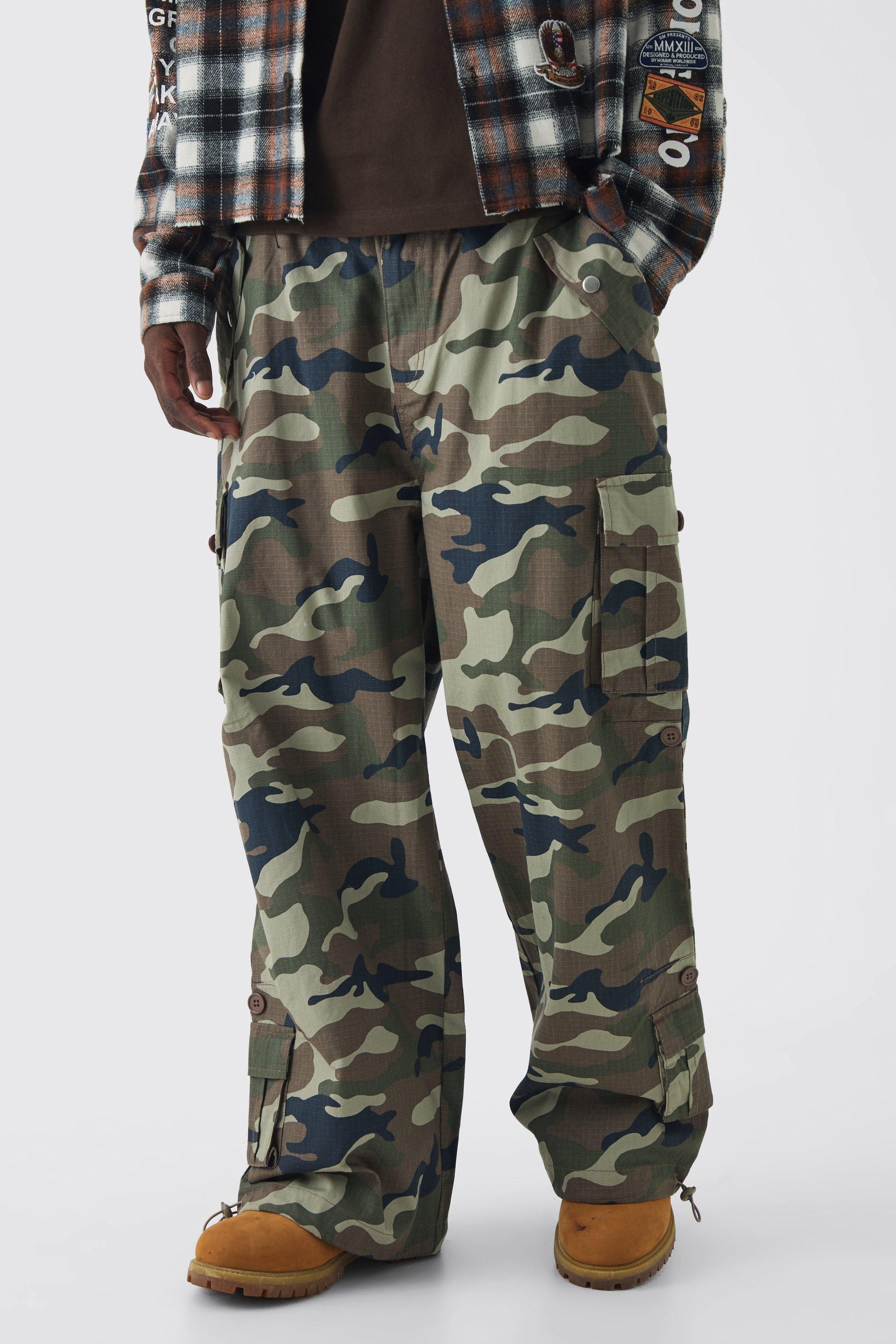 Mens Green Ripstop Elasticated Waist Parachute Camo Cargo Trousers, Green