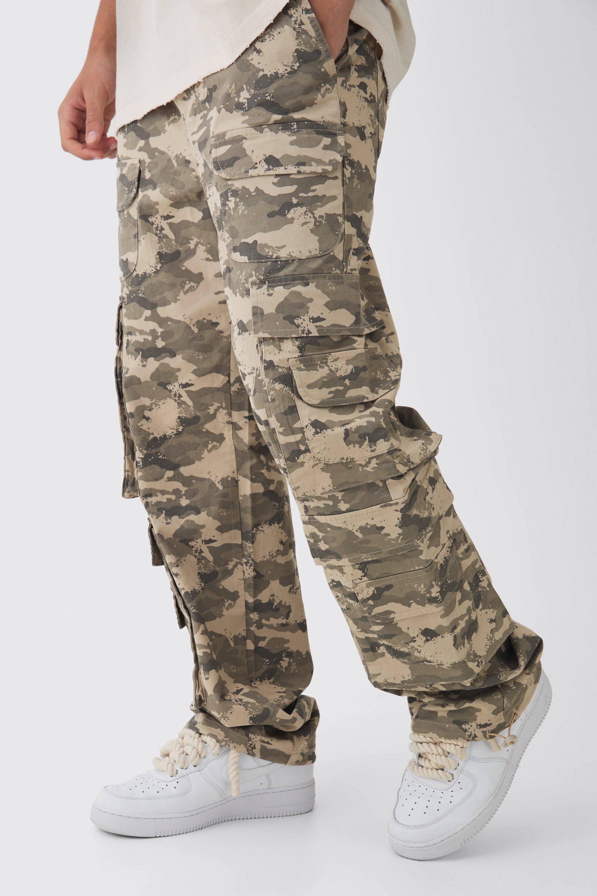 Boohoo Elasticated Waist Relaxed Stacked Camo Cargo Pants, Khaki