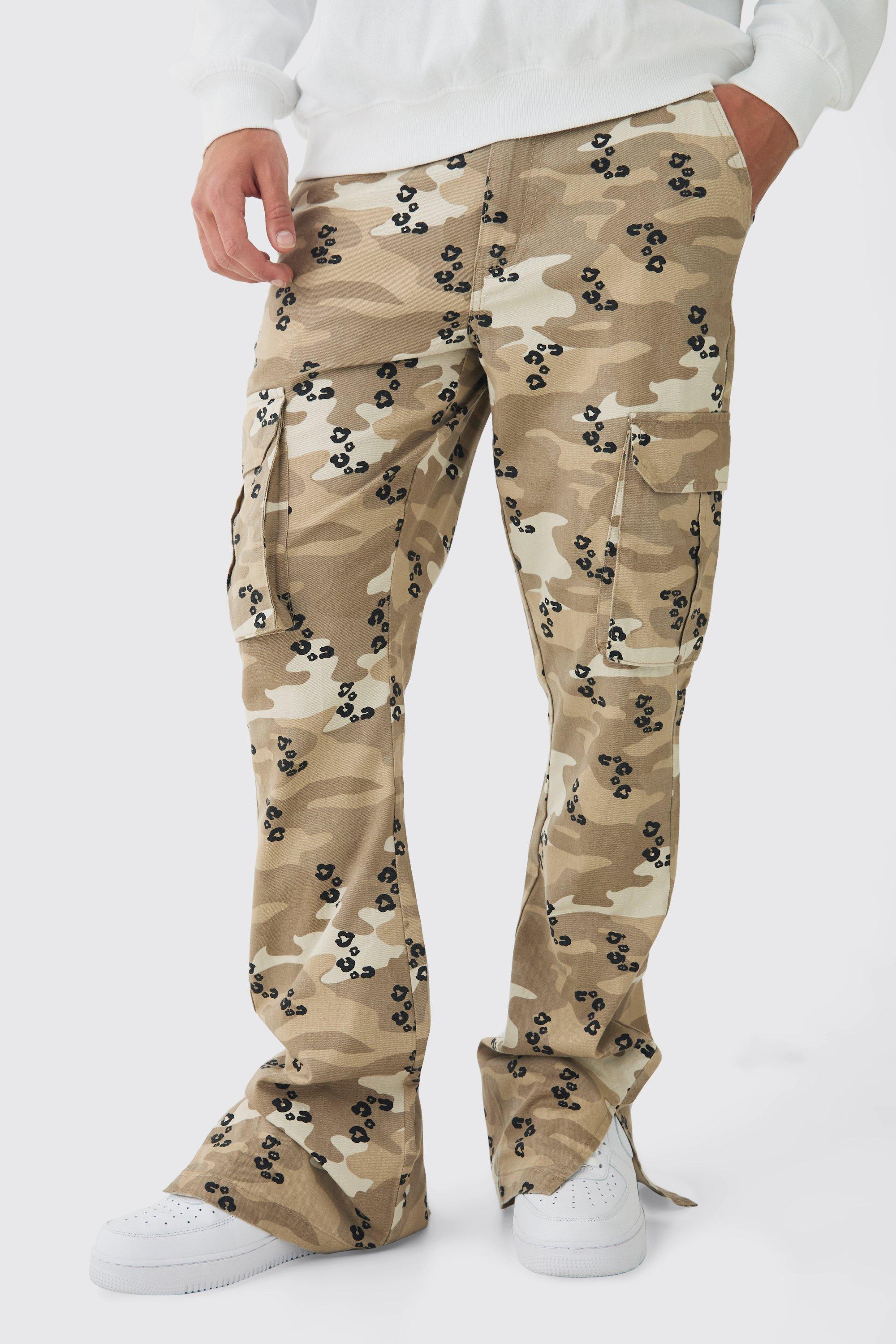 Boohoo Slim Fit Flared Camo Luipaardprint Cargo Broek Met Tailleband, Brown