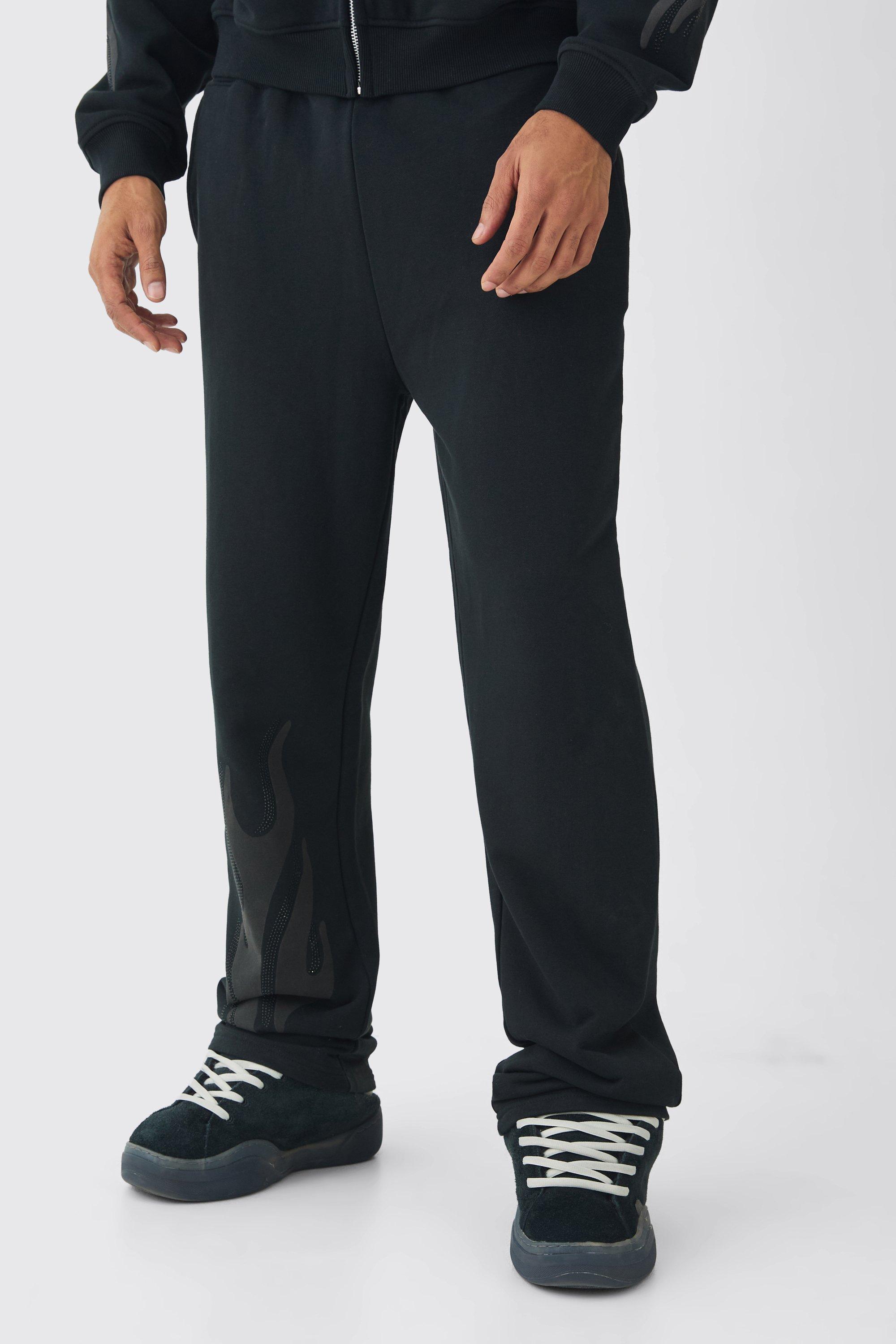 Mens Black Relaxed Flame Rhinestone Loopback Jogger, Black