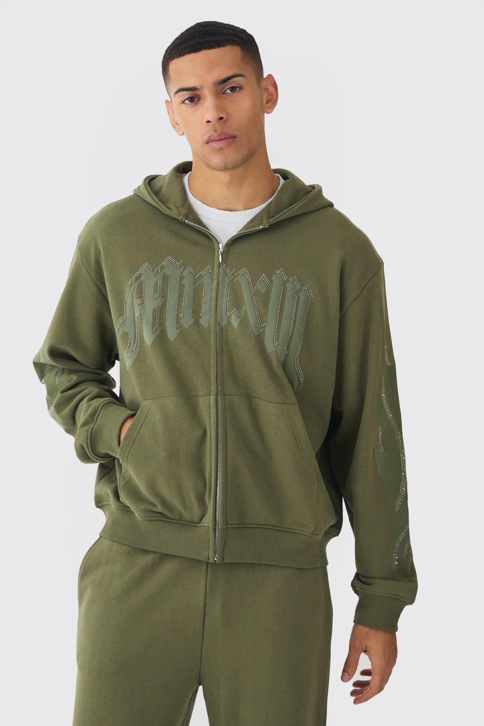 Felpa squadrata oversize con caratteri gotici, strass, rovescio a ricci, zip e cappuccio, Verde