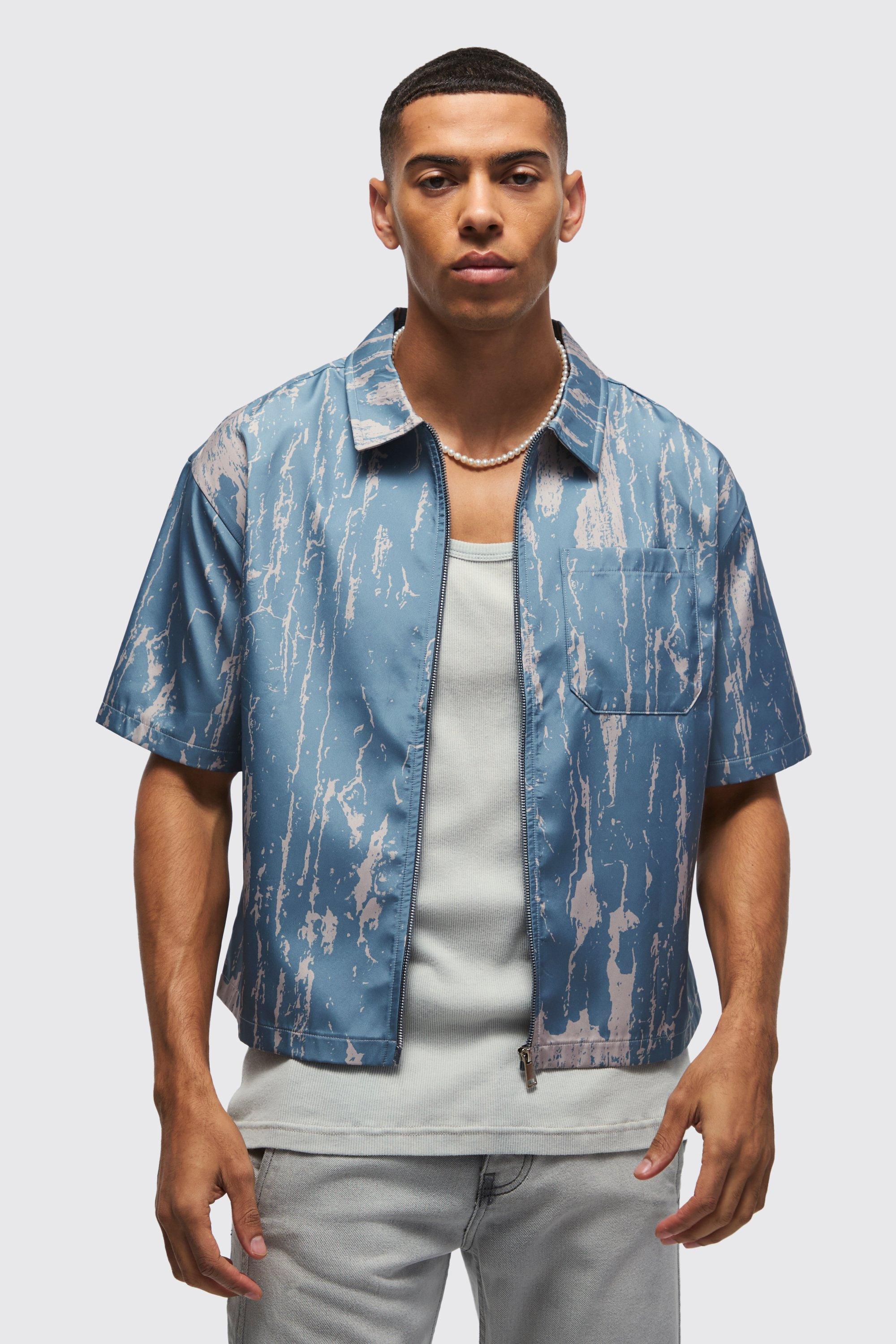 Camicia squadrata oversize con stampa astratta, Azzurro