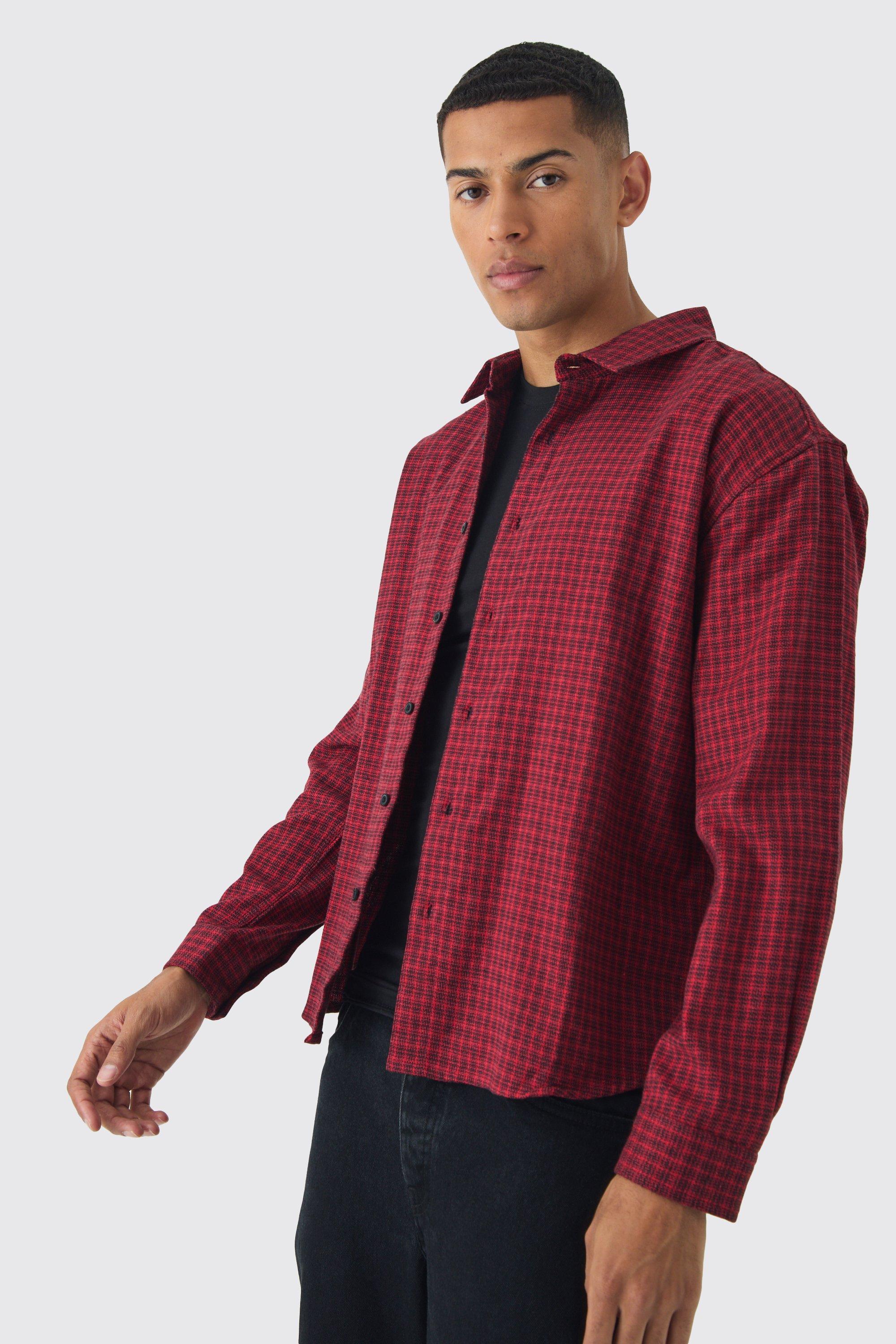 Mens Red Oversized Long Sleeve Check Shirt, Red