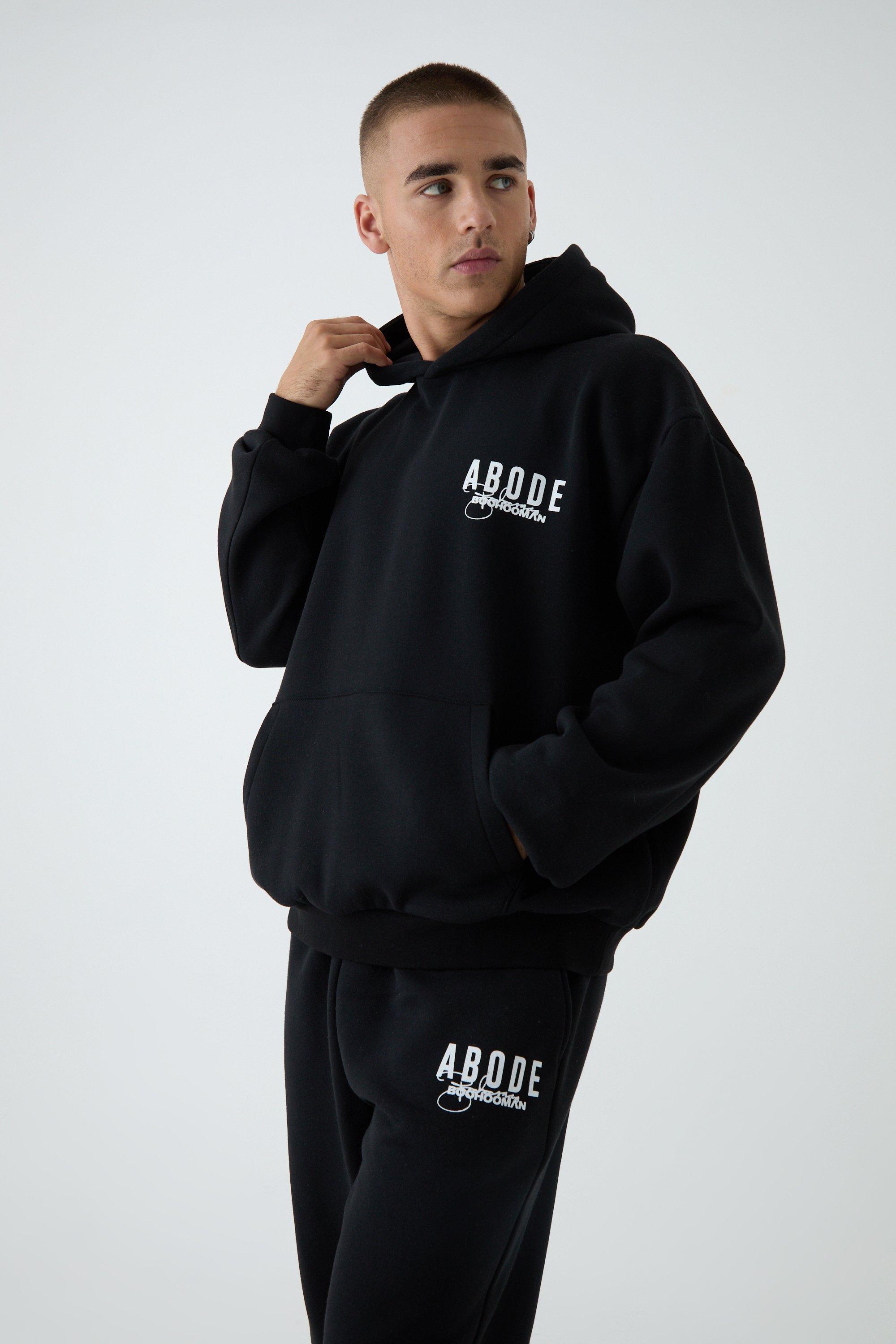 Mens Black Oversized Boxy ABODE Hoodie, Black