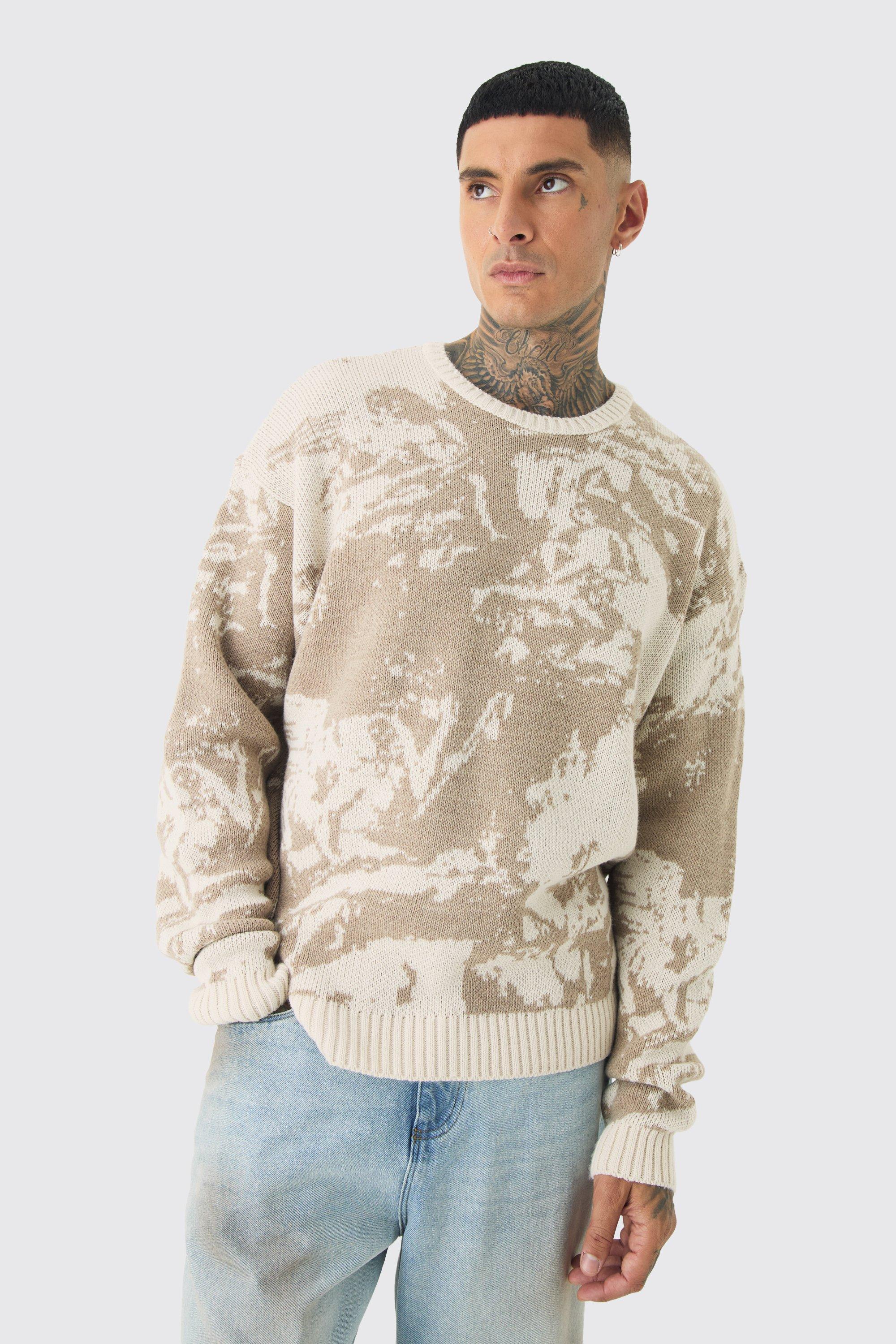 Mens Beige Tall Renaissance Oversized Knitted Sweat, Beige
