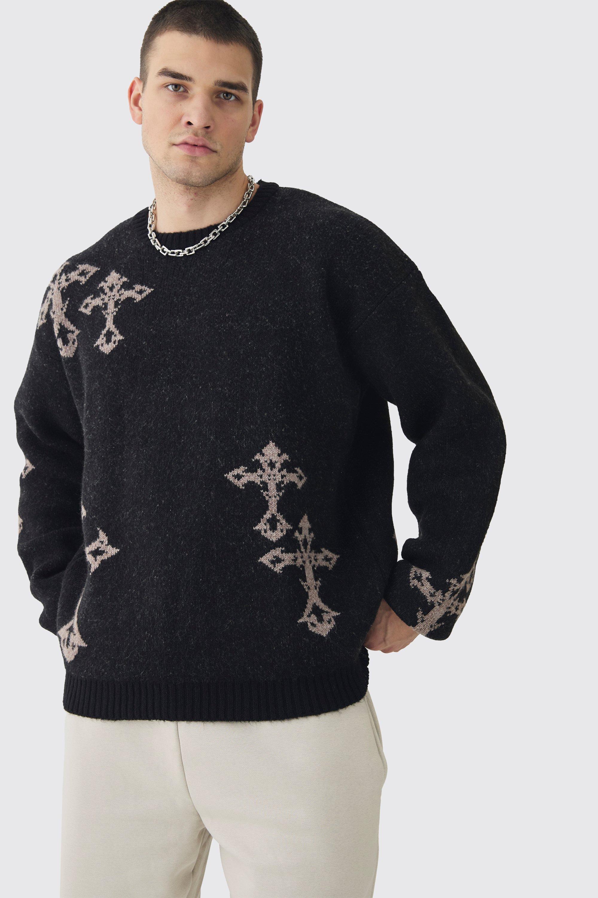 Mens Black Tall Gothic Cross Oversized Fluffy Knitted Sweat, Black