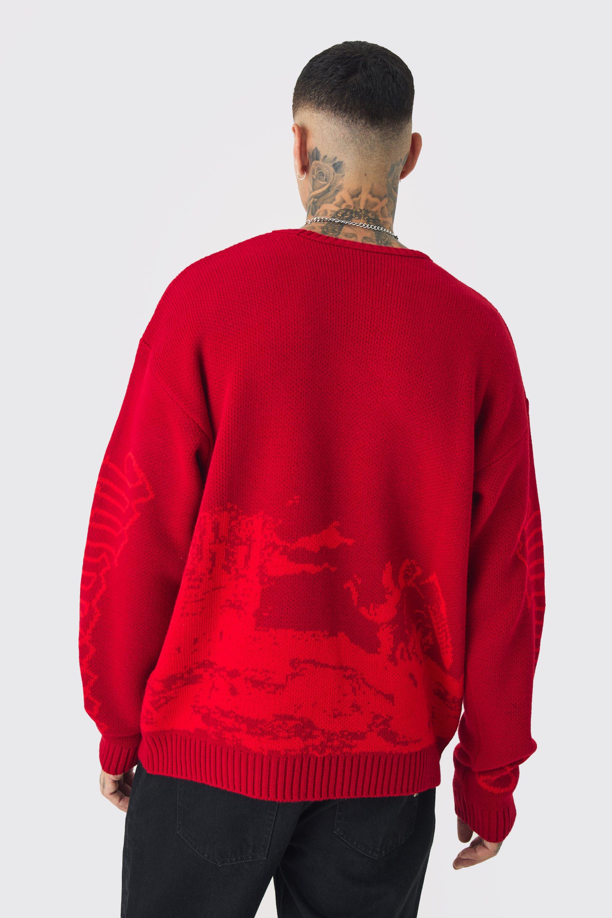 Felpa Tall oversize in maglia con stampa gotica e croce, Rosso