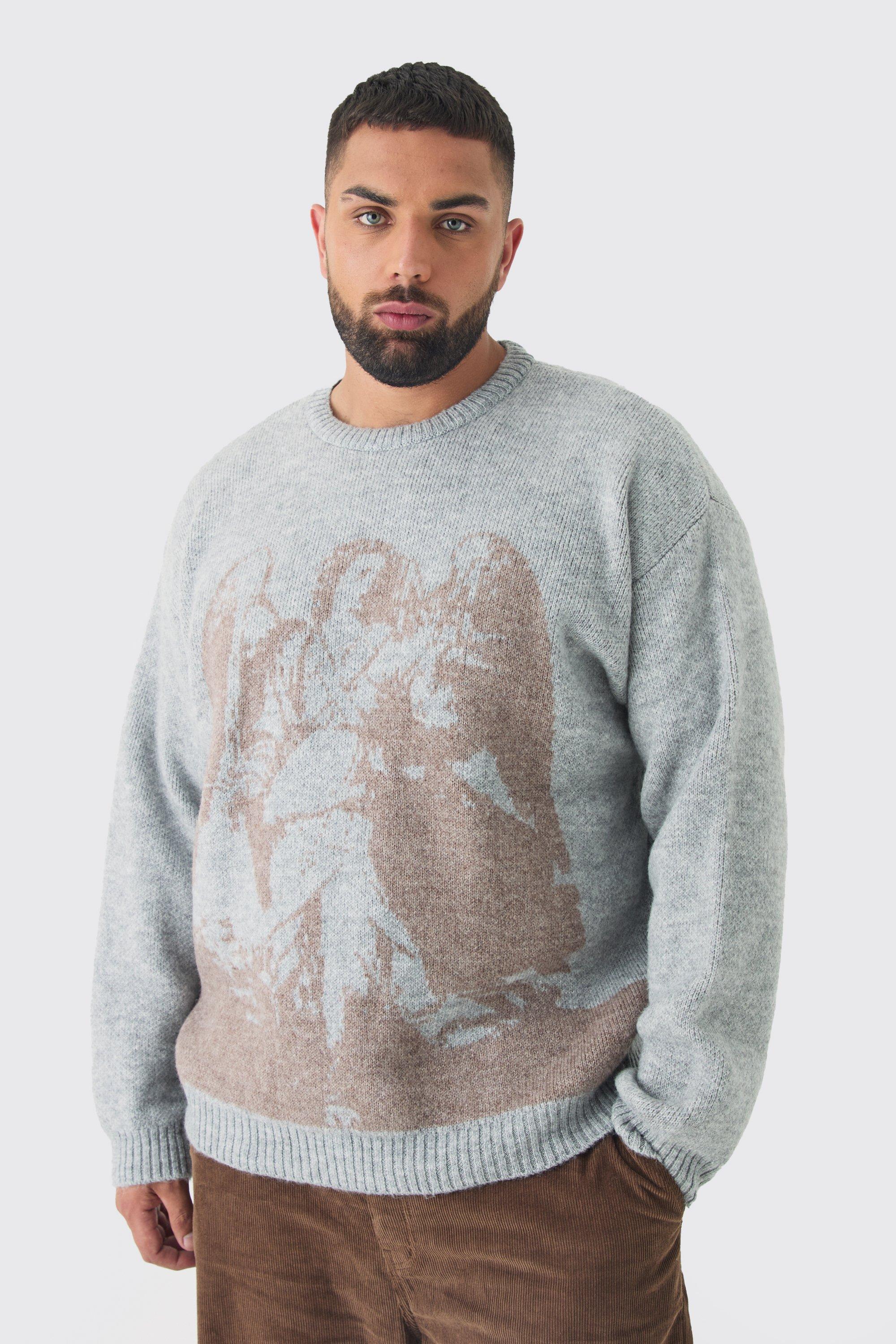 Mens Grey Plus Renaissance Oversized Fluffy Knitted Sweat, Grey