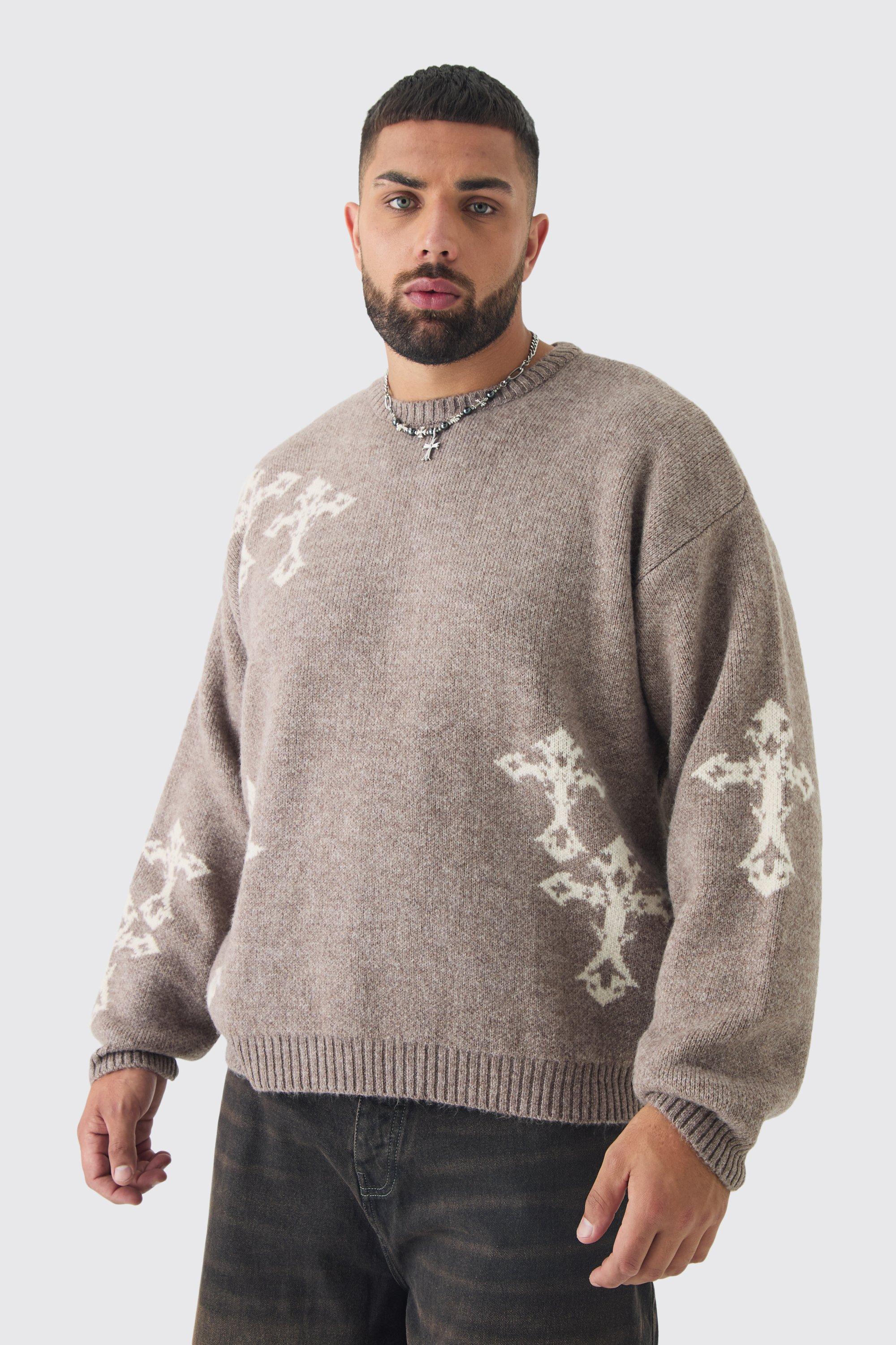 Mens Beige Plus Gothic Cross Oversized Fluffy Knitted Sweat, Beige