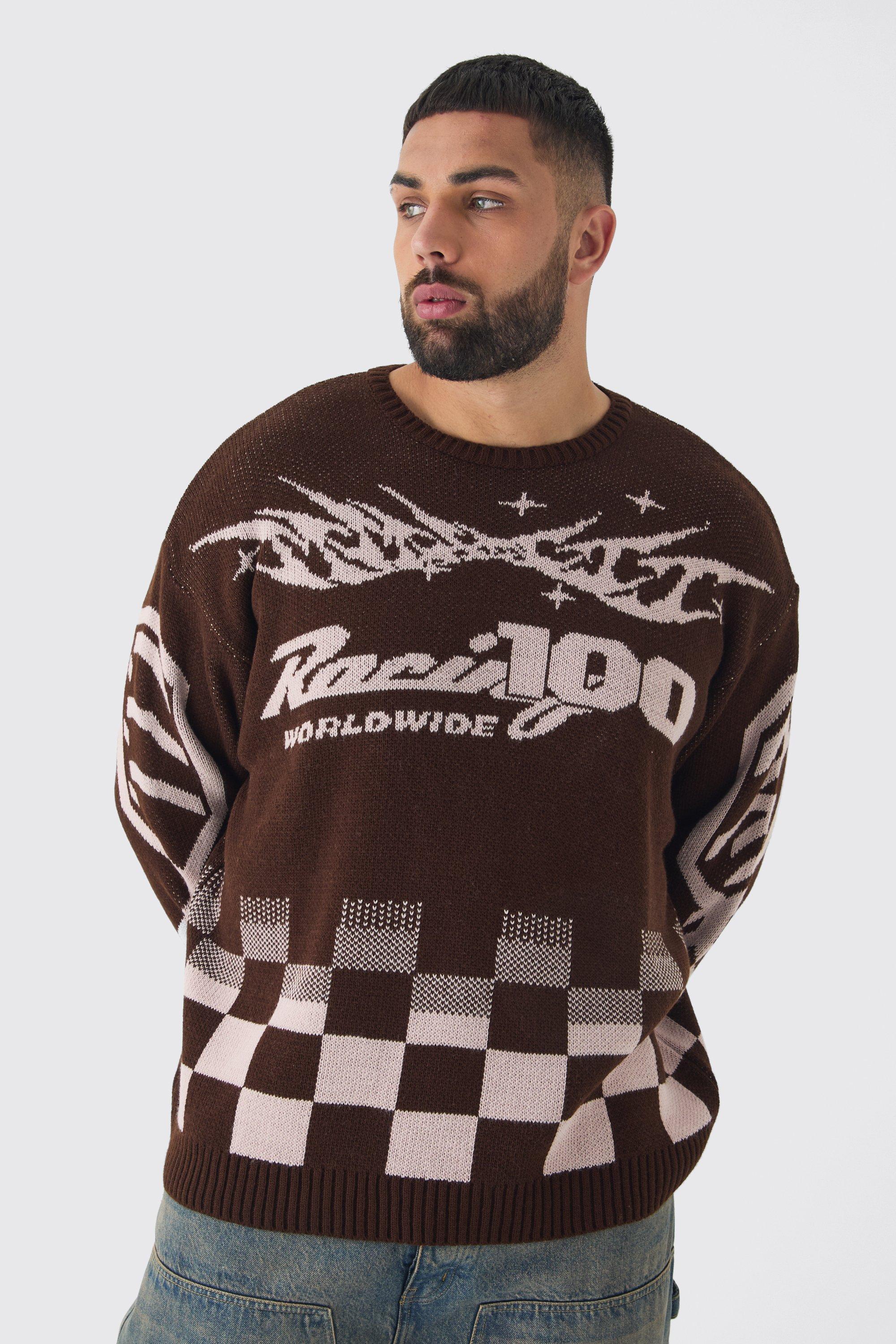 Maglione Plus Size a girocollo in maglia con moto, Brown