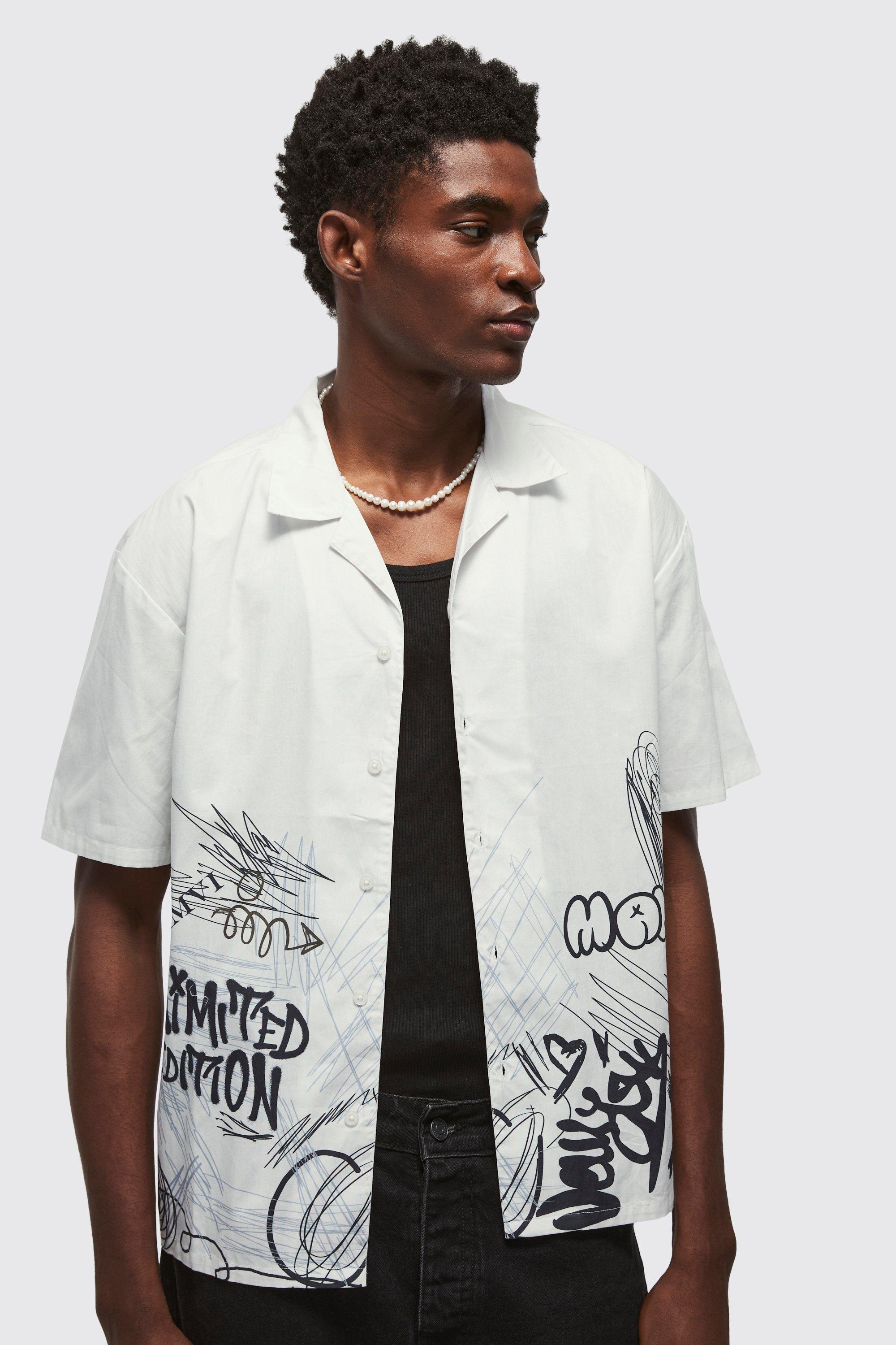 Camicia oversize in popeline con stampa stile Graffiti, Bianco