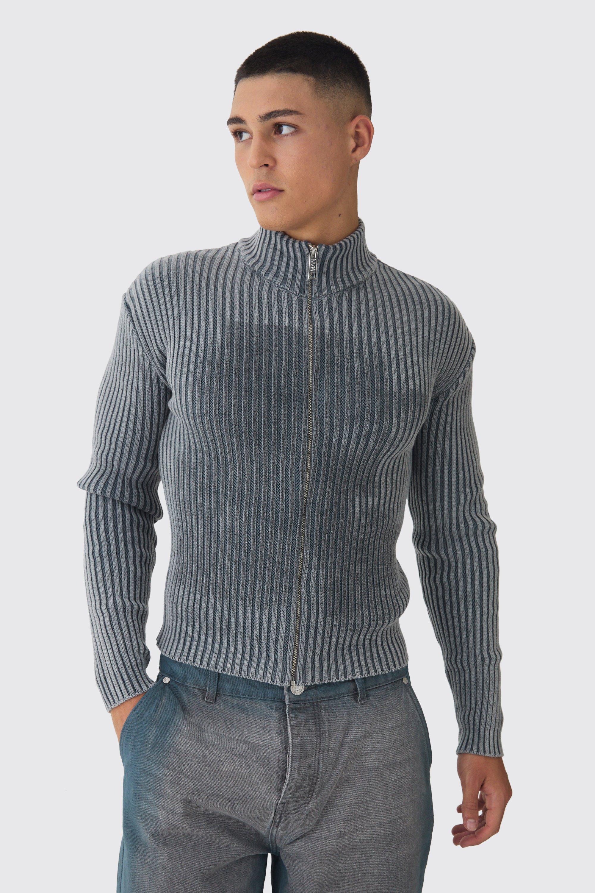 Maglione attillato in maglia in lavaggio acido con zip, Grigio