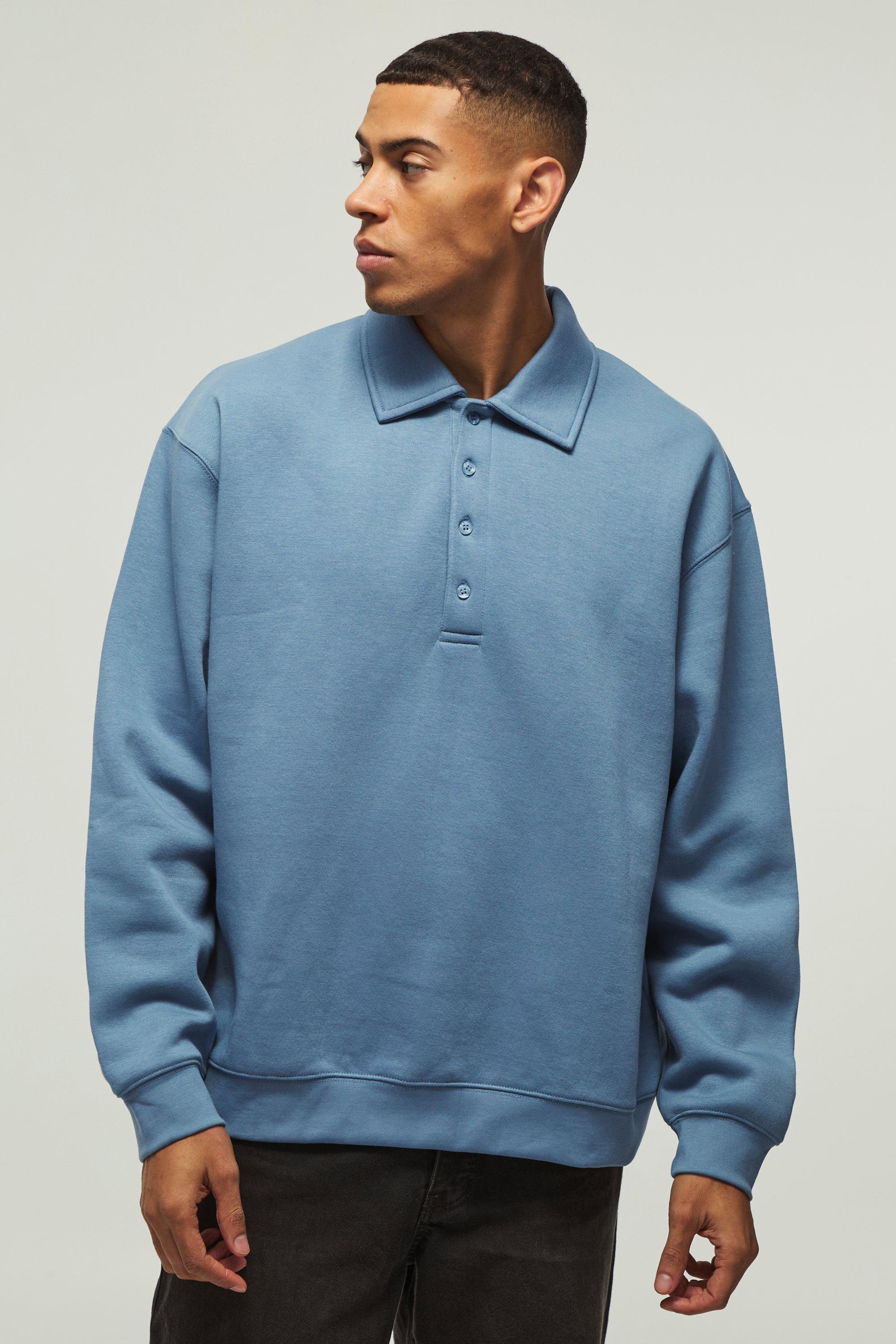 Polo in felpa oversize pesante a maniche lunghe, Azzurro