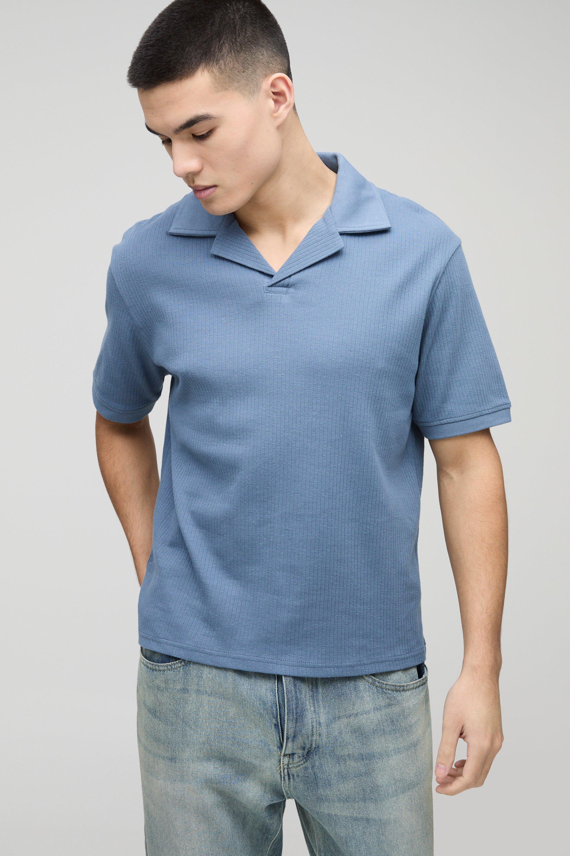Polo a coste a righe con rever, Azzurro