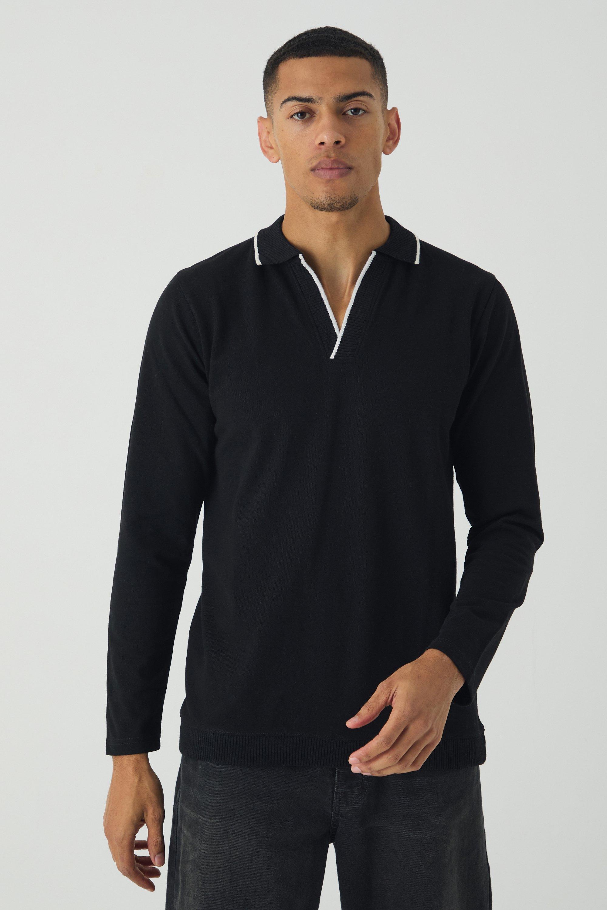 Polo Slim Fit a maniche lunghe in piqué con punte a contrasto, Nero