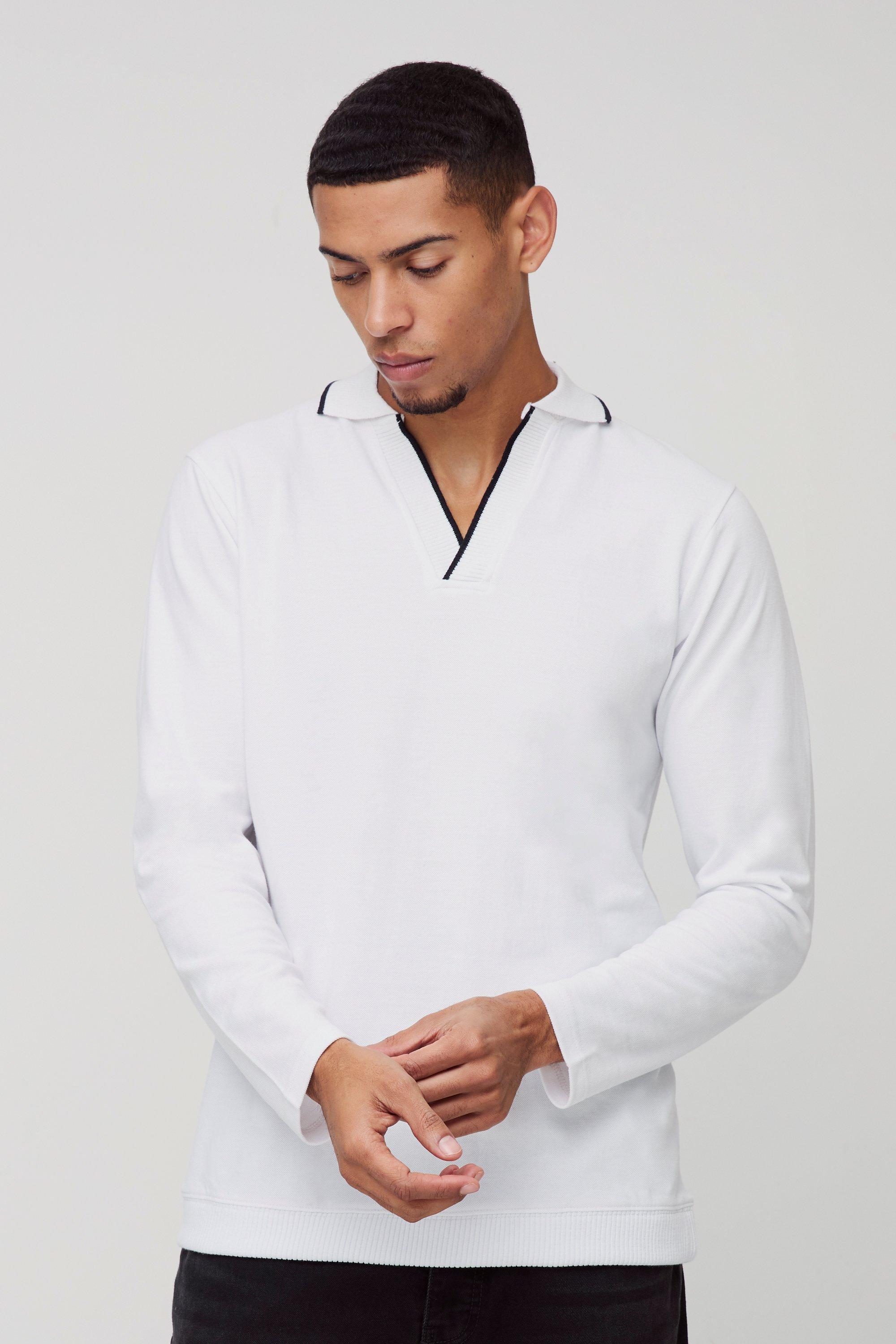 Polo Slim Fit a maniche lunghe in piqué con punte a contrasto, Bianco