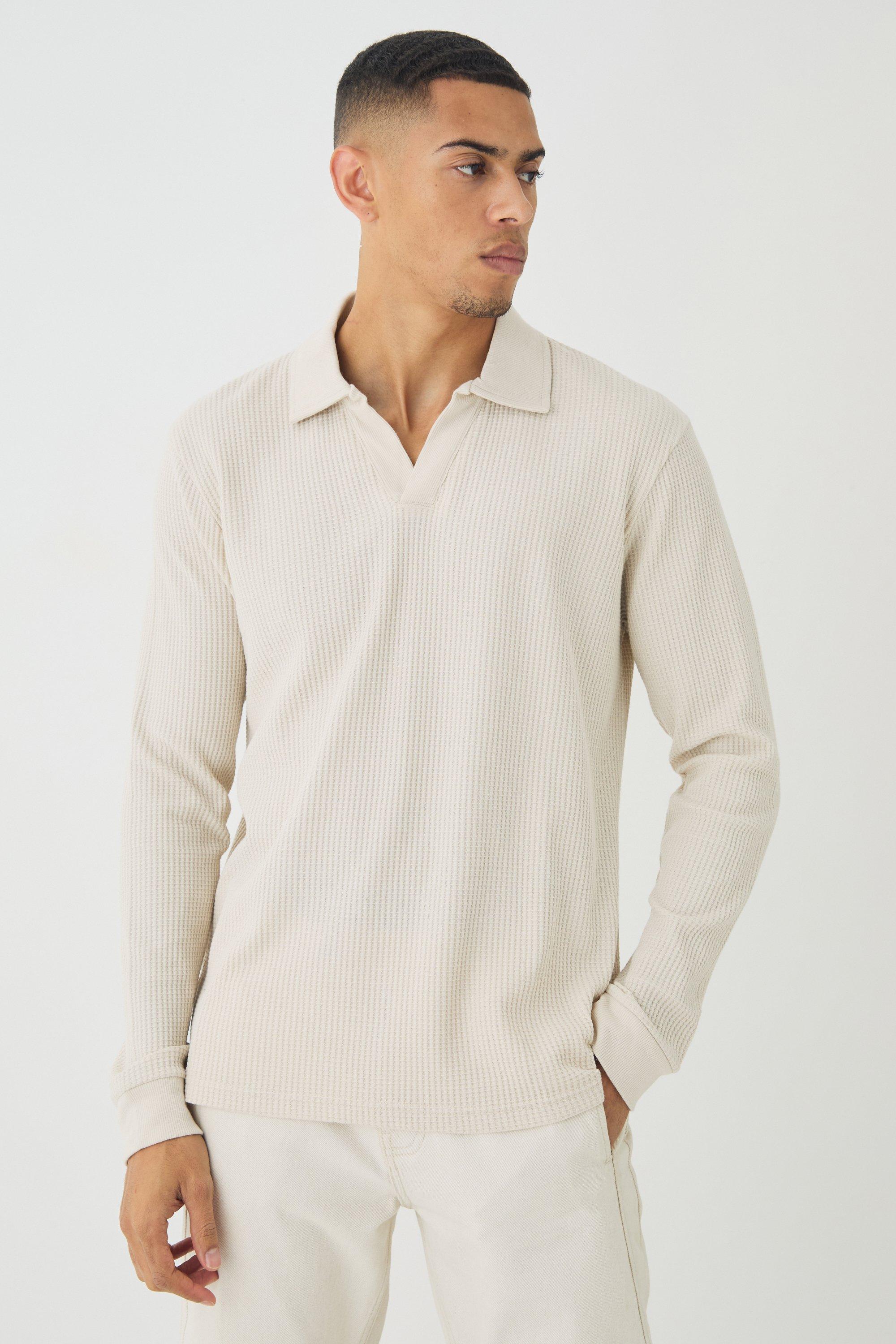 Polo a maniche lunghe in jacquard con scollo a V, Beige