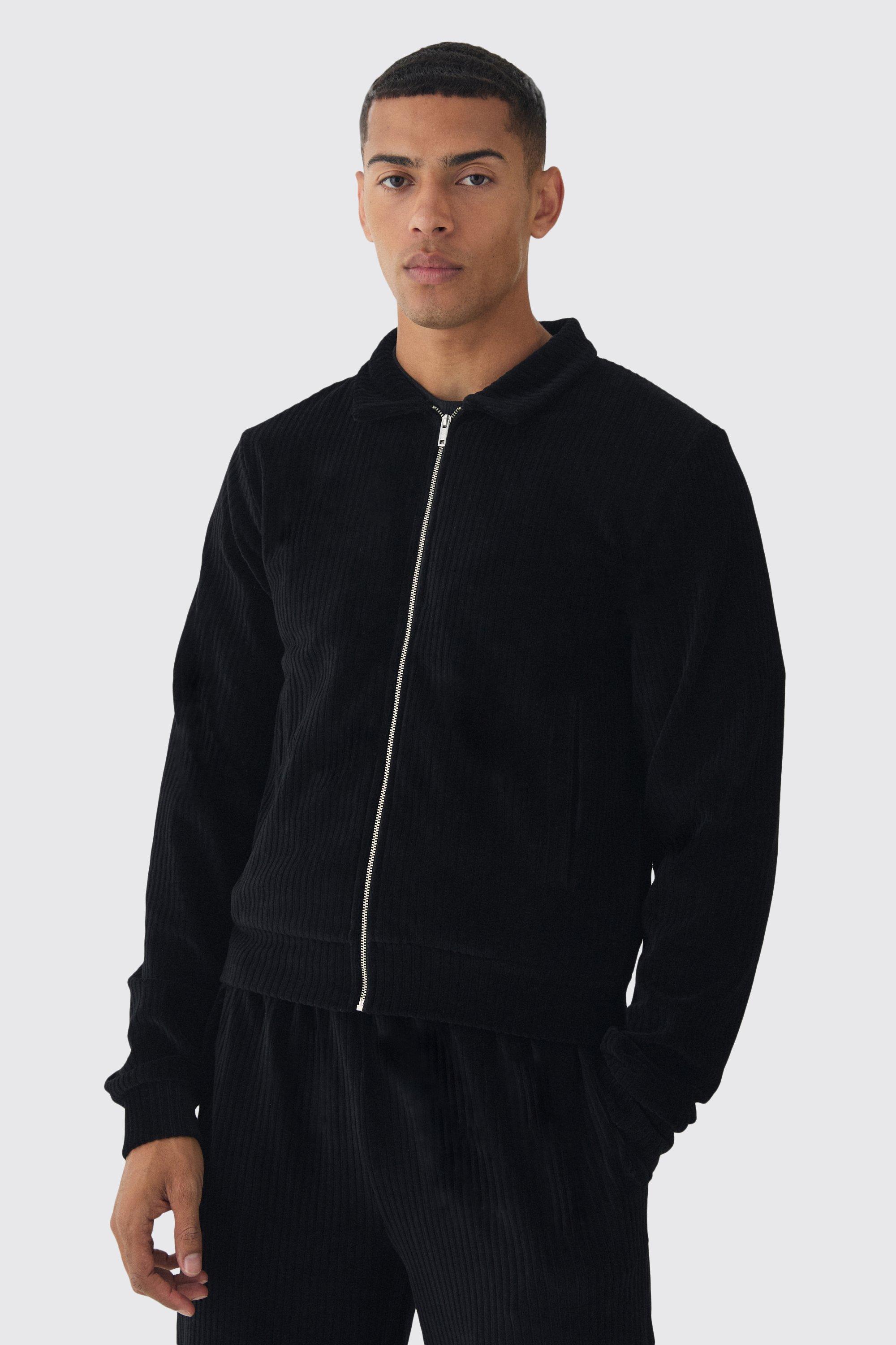 Mens Black Regular Fit Velour Pleated Track Top, Black