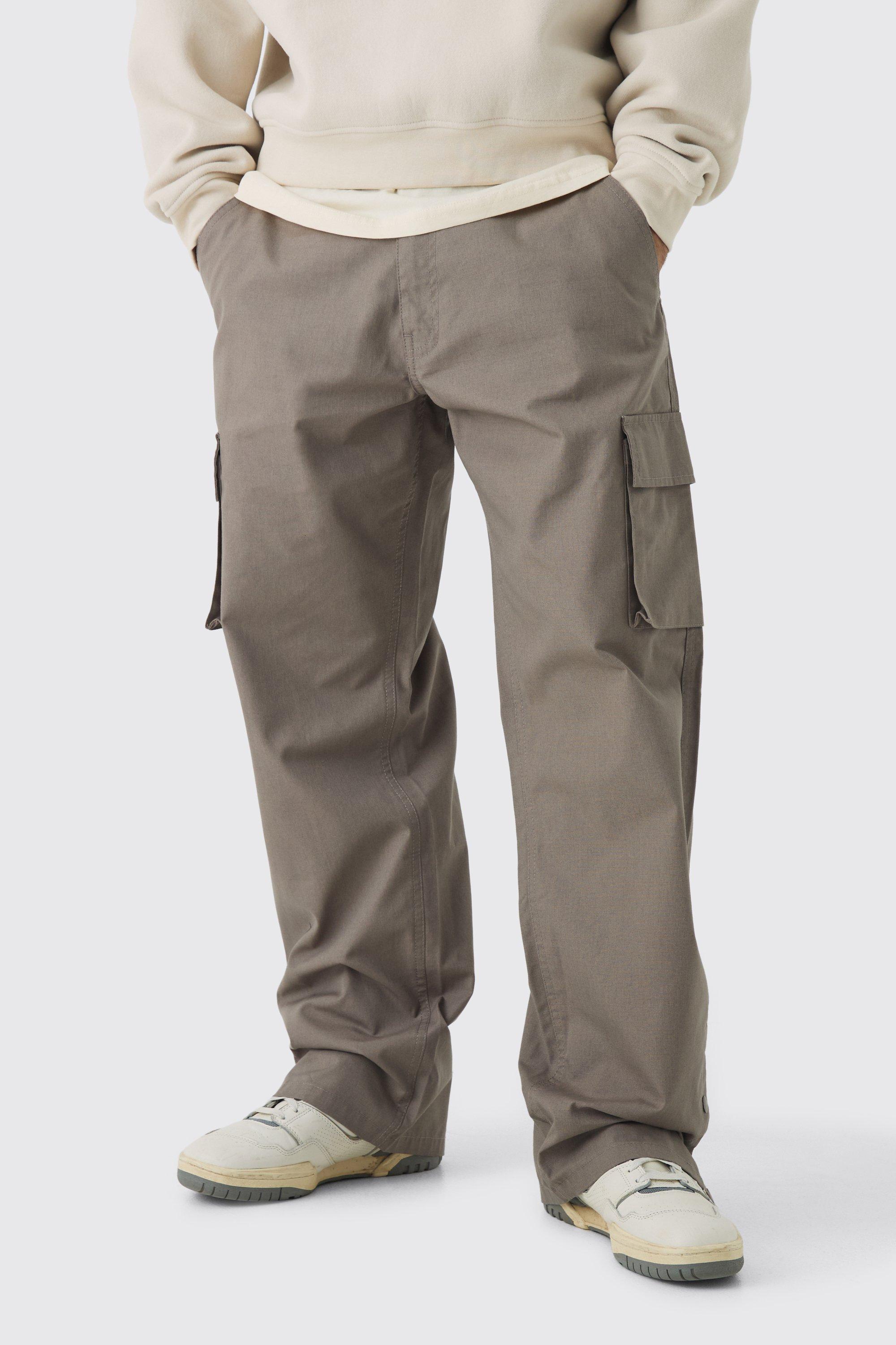 Mens Beige Relaxed Fit Ripstop Cargo Trousers With Popper Hem, Beige